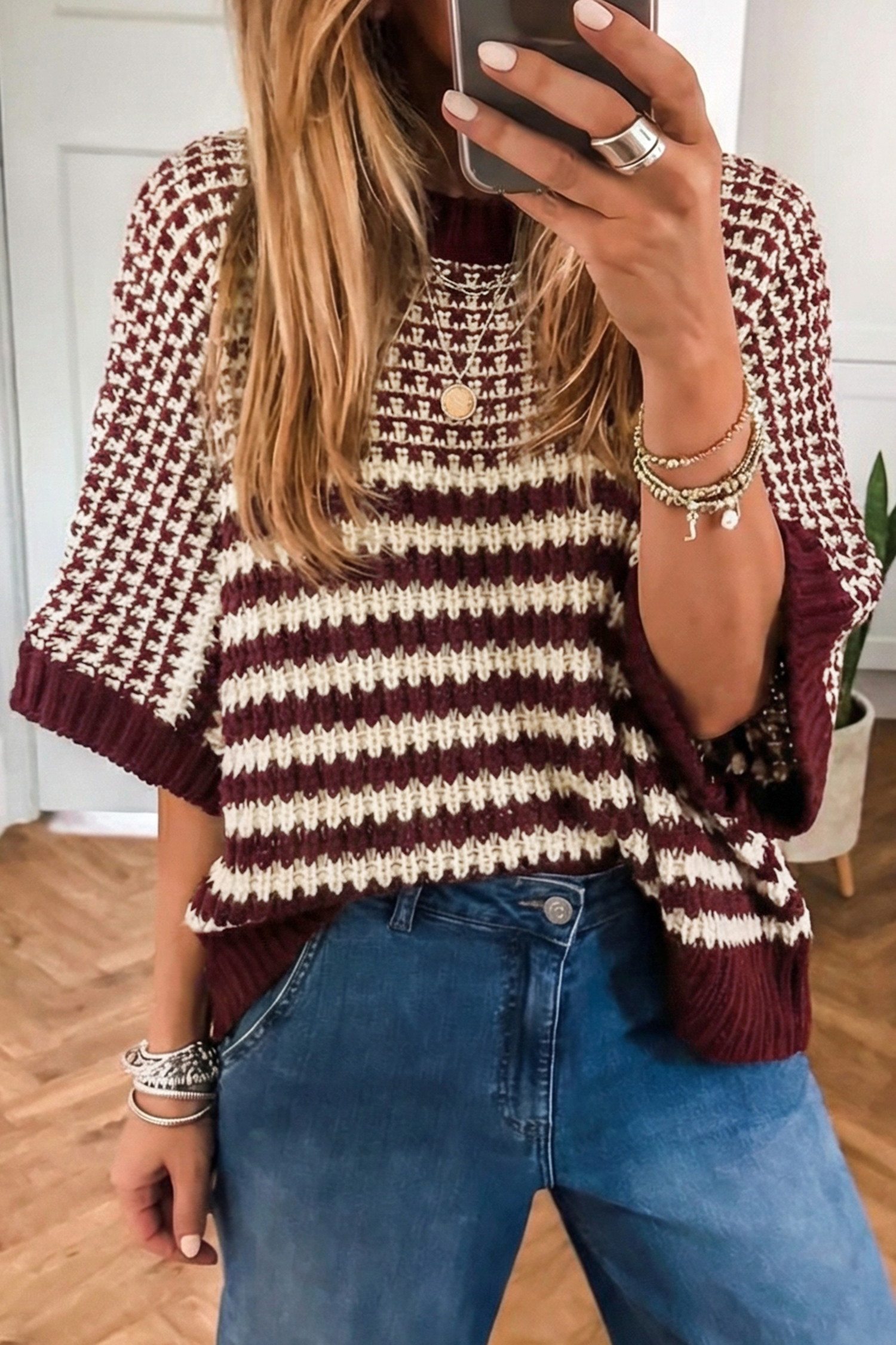 Black Stripe 3/4 Draped Sleeve Slouchy Sweater - loveforevers
