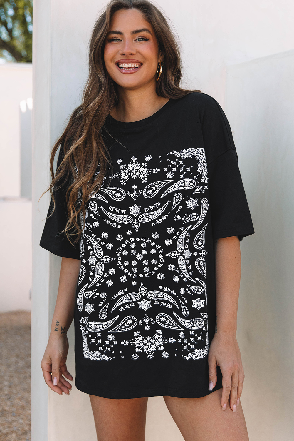 Black Paisley Print Crew Neck Loose Fit Tunic Tee - loveforevers