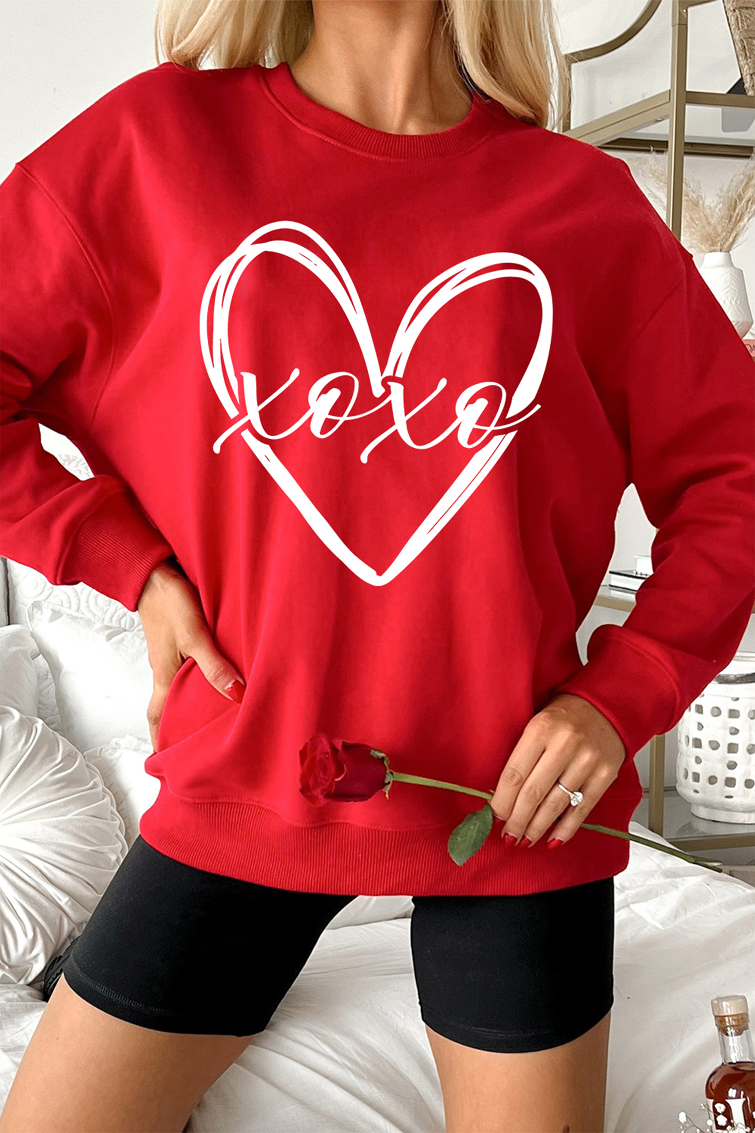 Red xoxo Valentines Heart Sketch Printed Pullover Sweatshirt - loveforevers