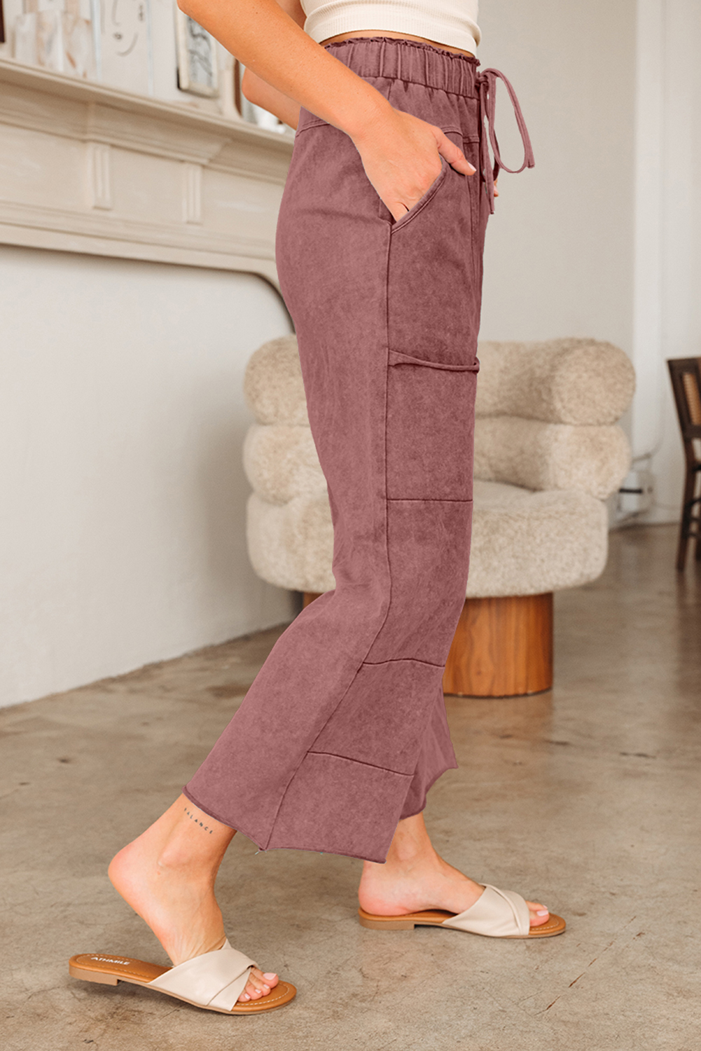 Lapis Mineral Wash Lace-up High Waist Raw Hem Patched Pocket Pants - loveforevers