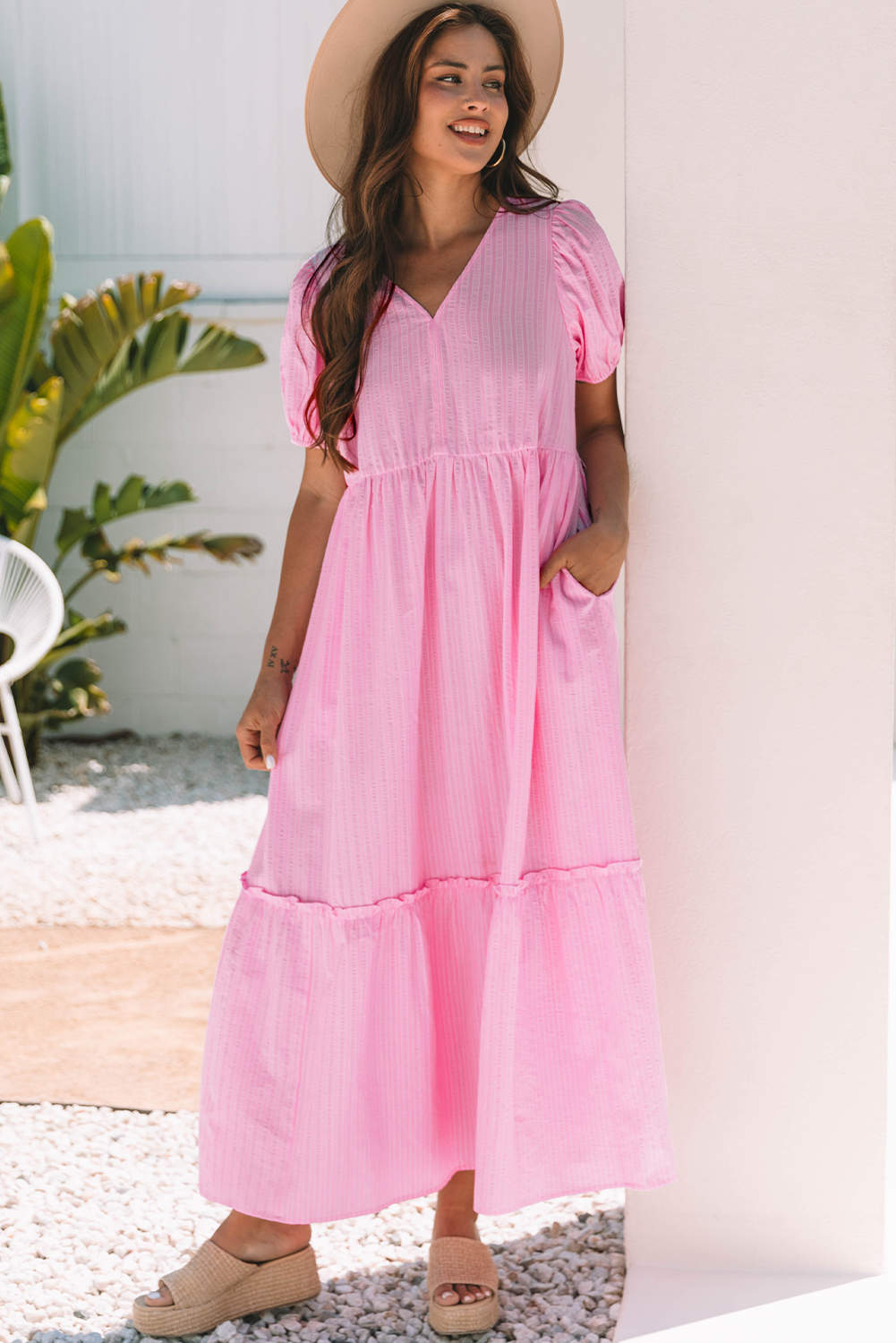 Pink Stripe V Neck Puff Short Sleeve Maxi Dress - loveforevers