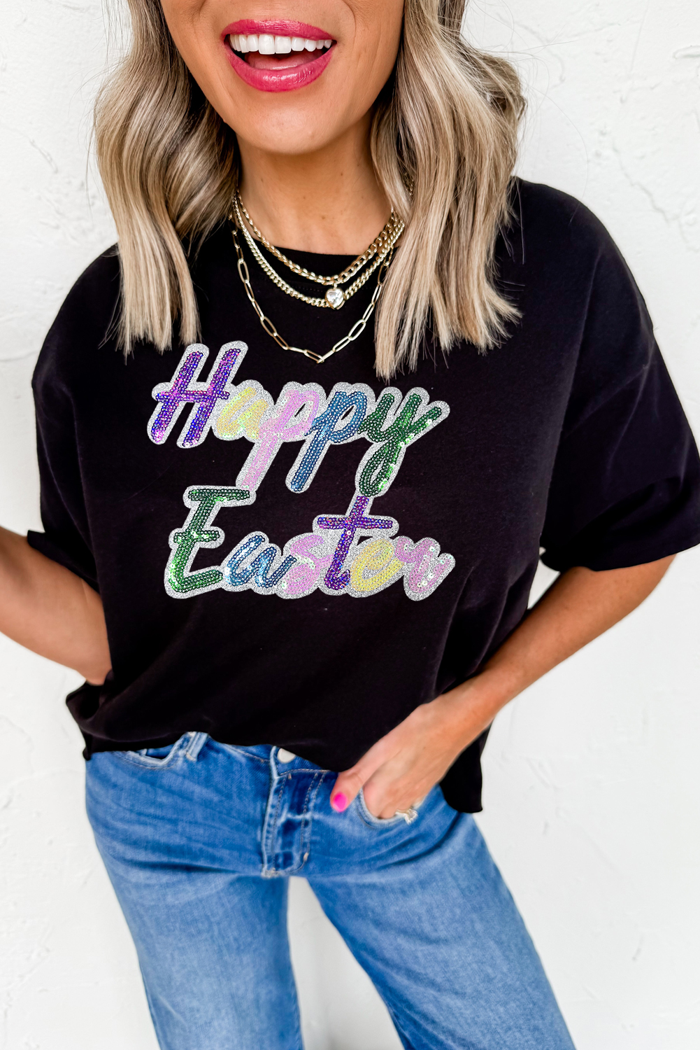 Black Sequined Happy Easter Graphic Tee - loveforevers