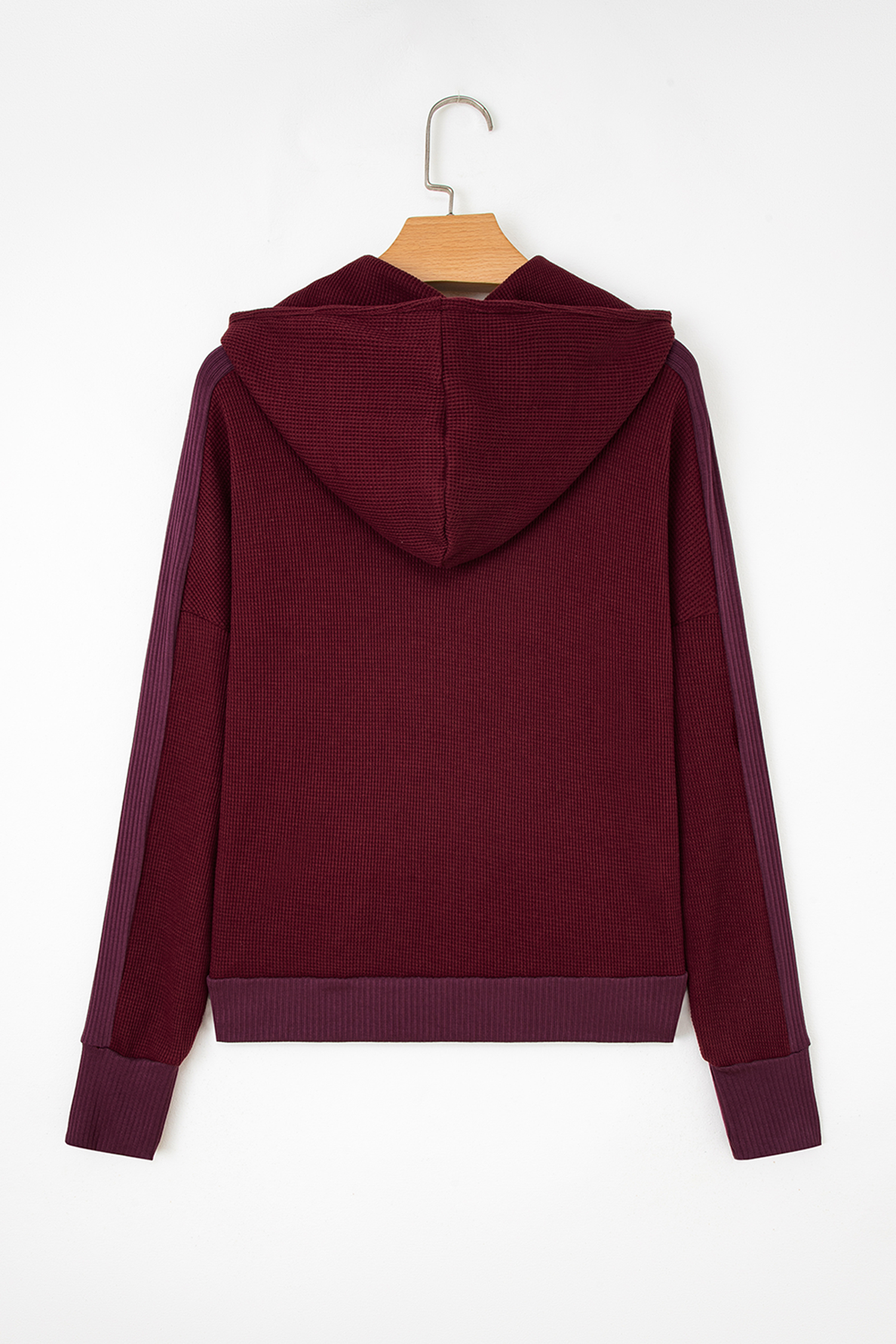 Burgundy Waffle Splicing Zip Up Front Button Hooded Jacket - loveforevers