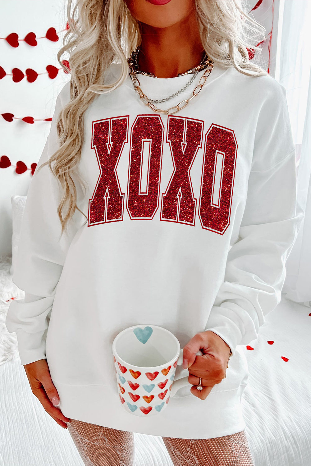 White Glitter XOXO Graphic Crewneck Valentines Pullover Sweatshirt - loveforevers