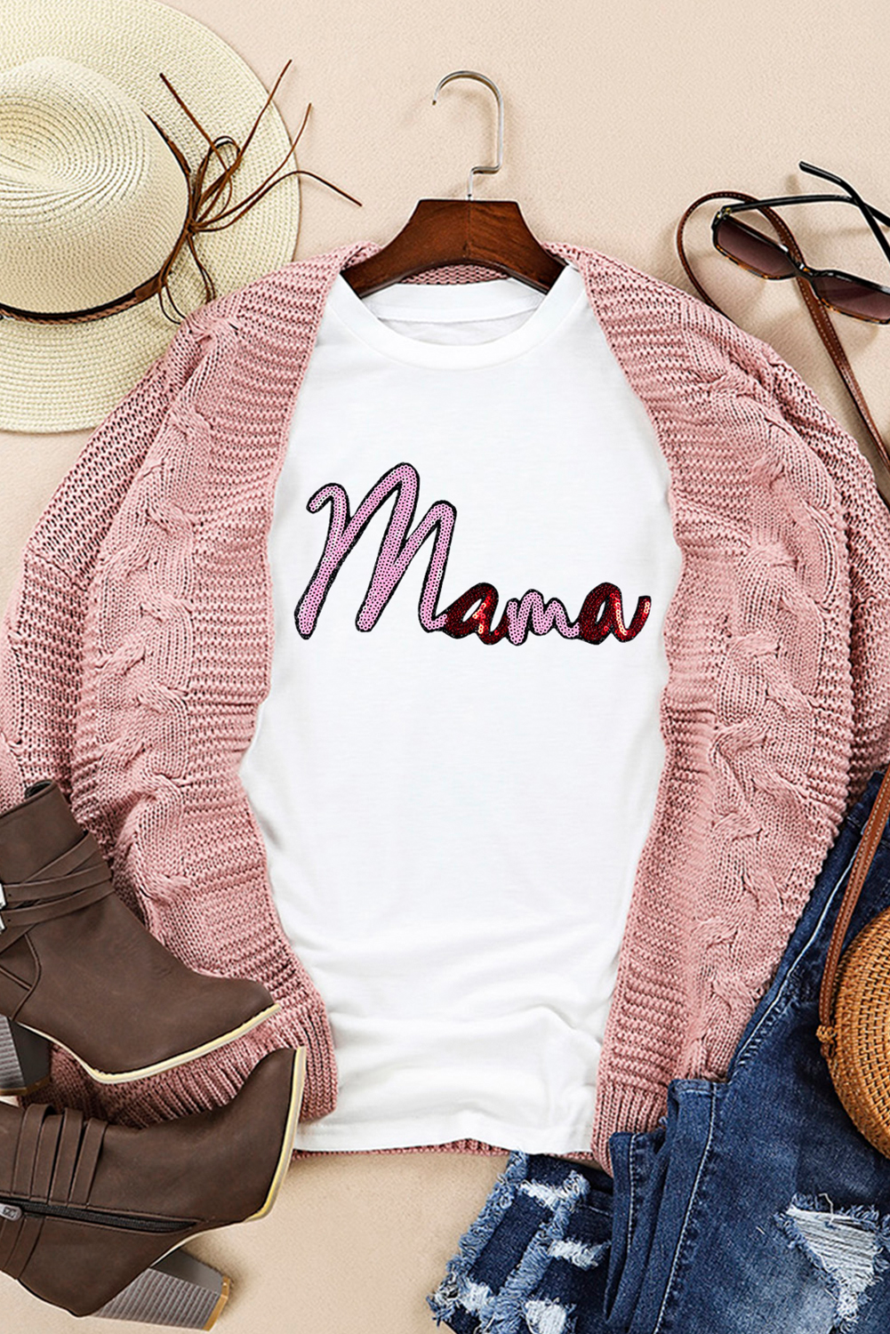White Sequin mama Graphic Crewneck T Shirt - loveforevers