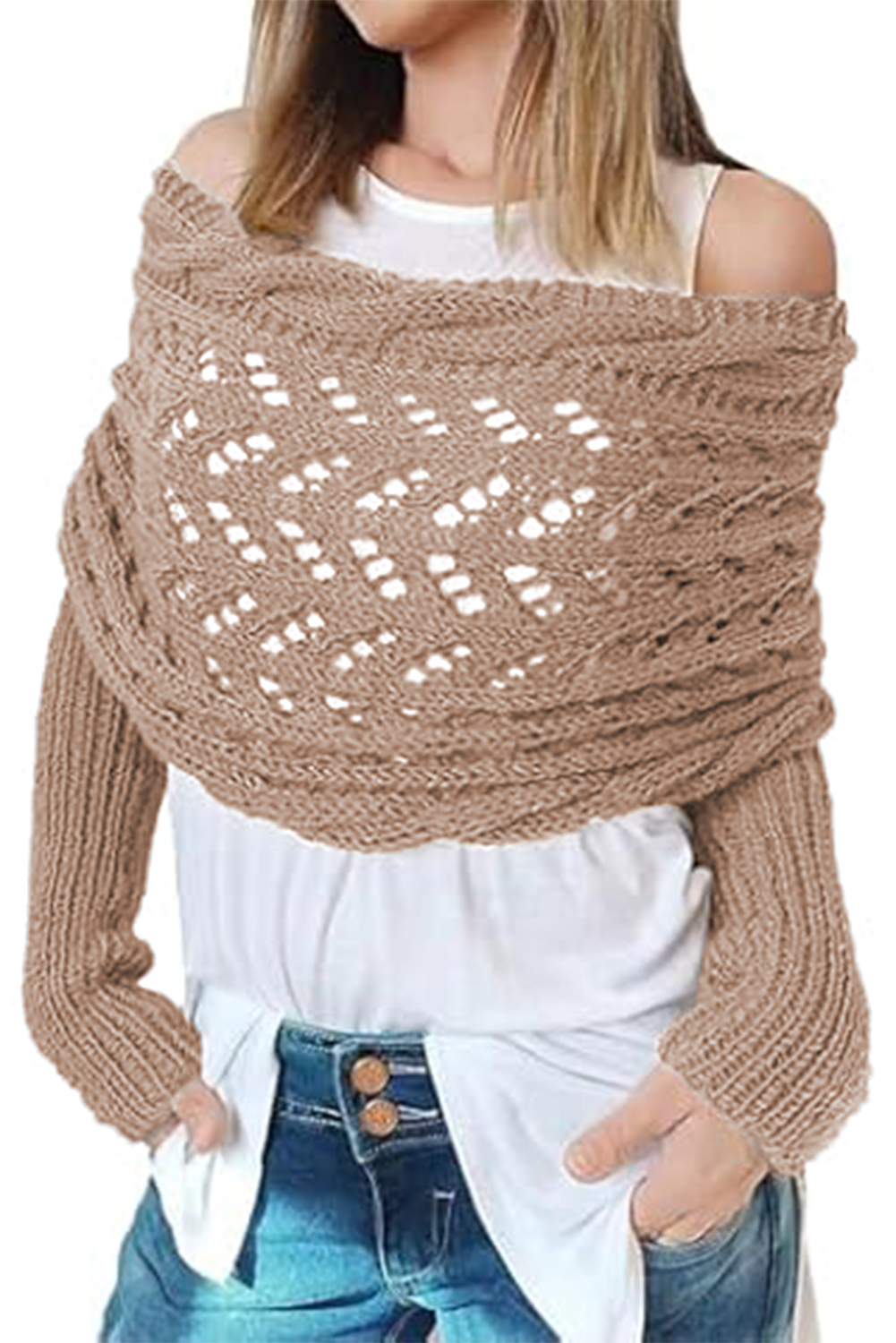 Gray Cross Detail Hollowed Knit Scarf with Sleeves - loveforevers