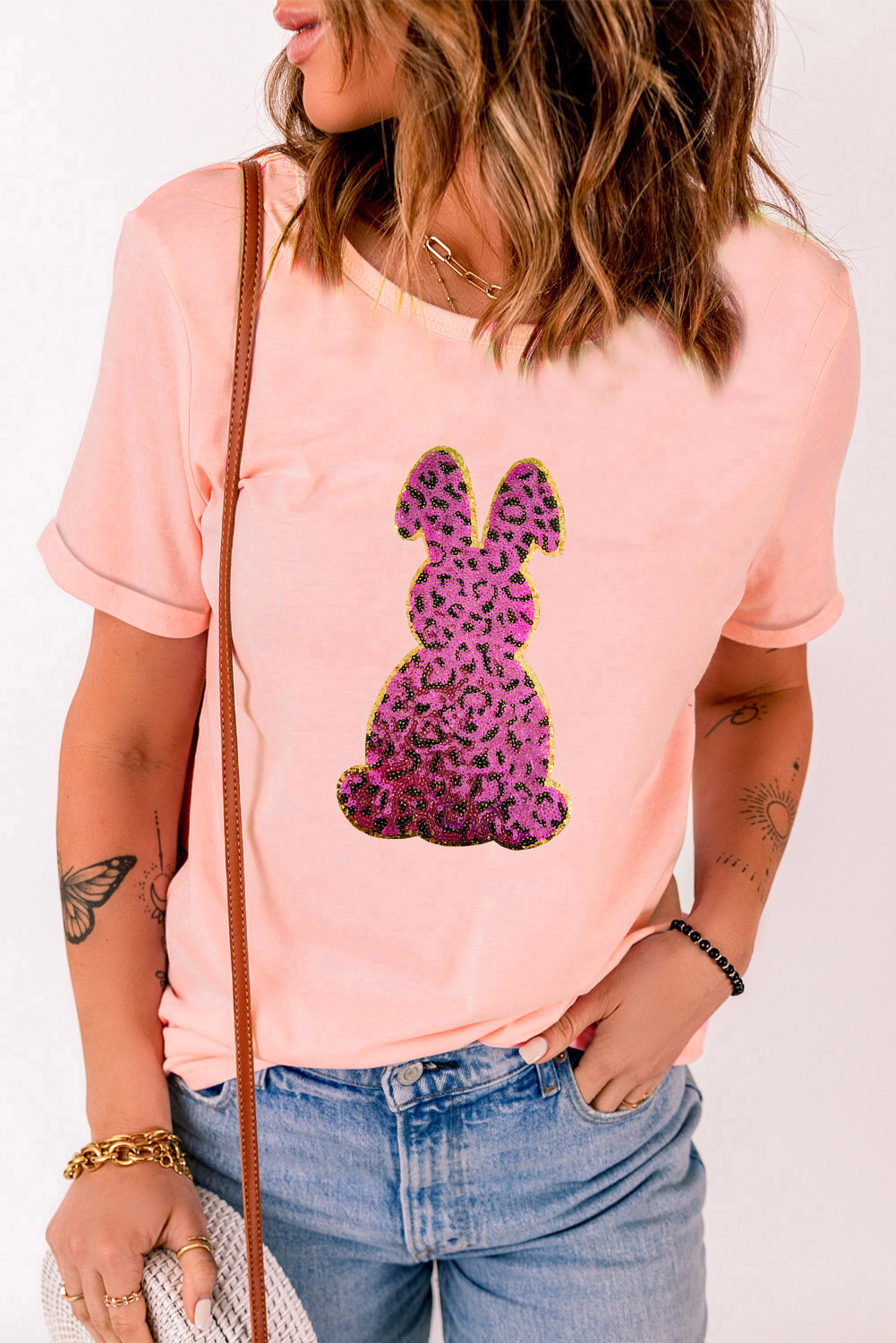 White Rabbit Bow Knot Print Crew Neck T Shirt - loveforevers