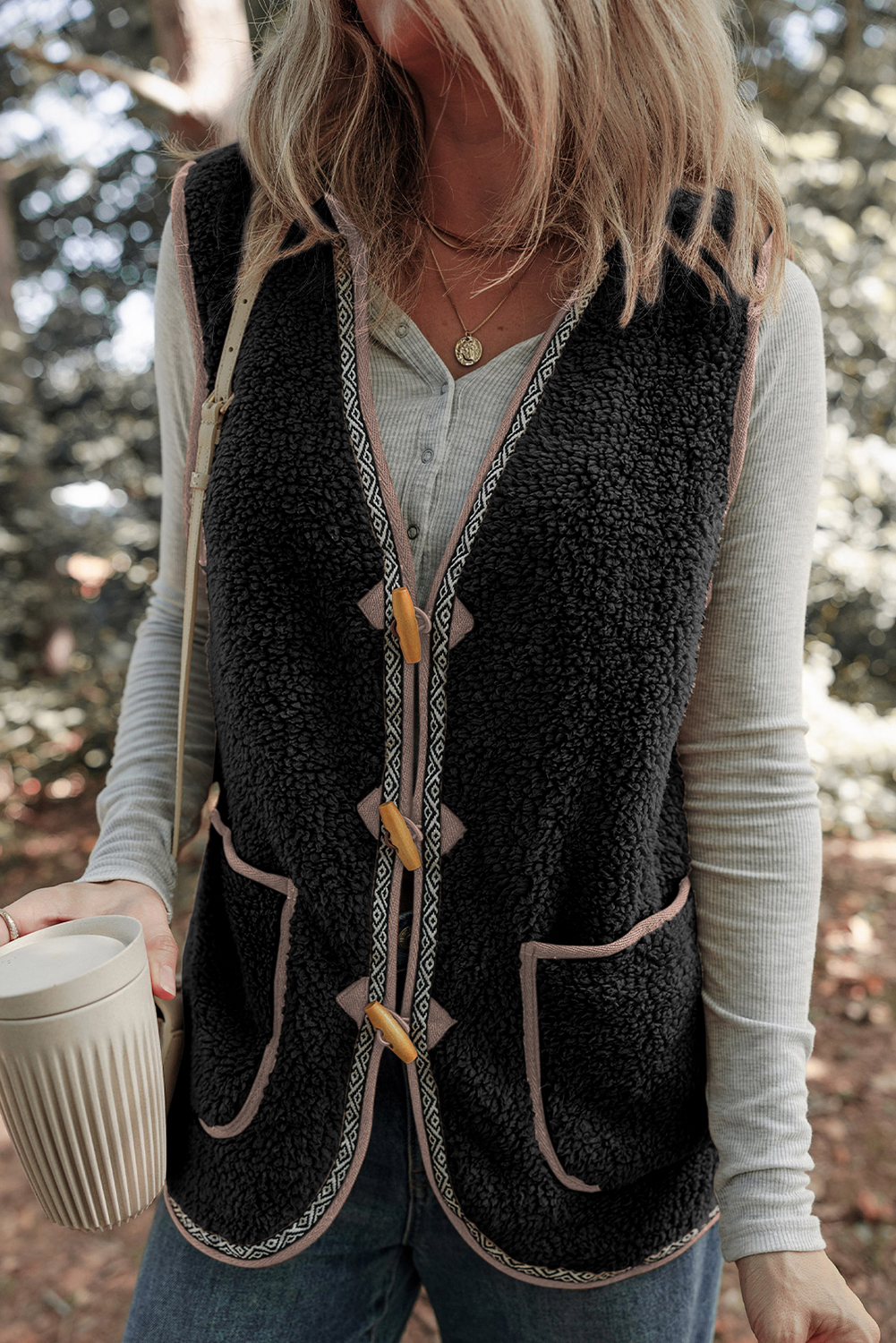 Dark Khaki Sherpa Contrast Trim Patch Pocket Cartridge Toggle Button Vest - loveforevers