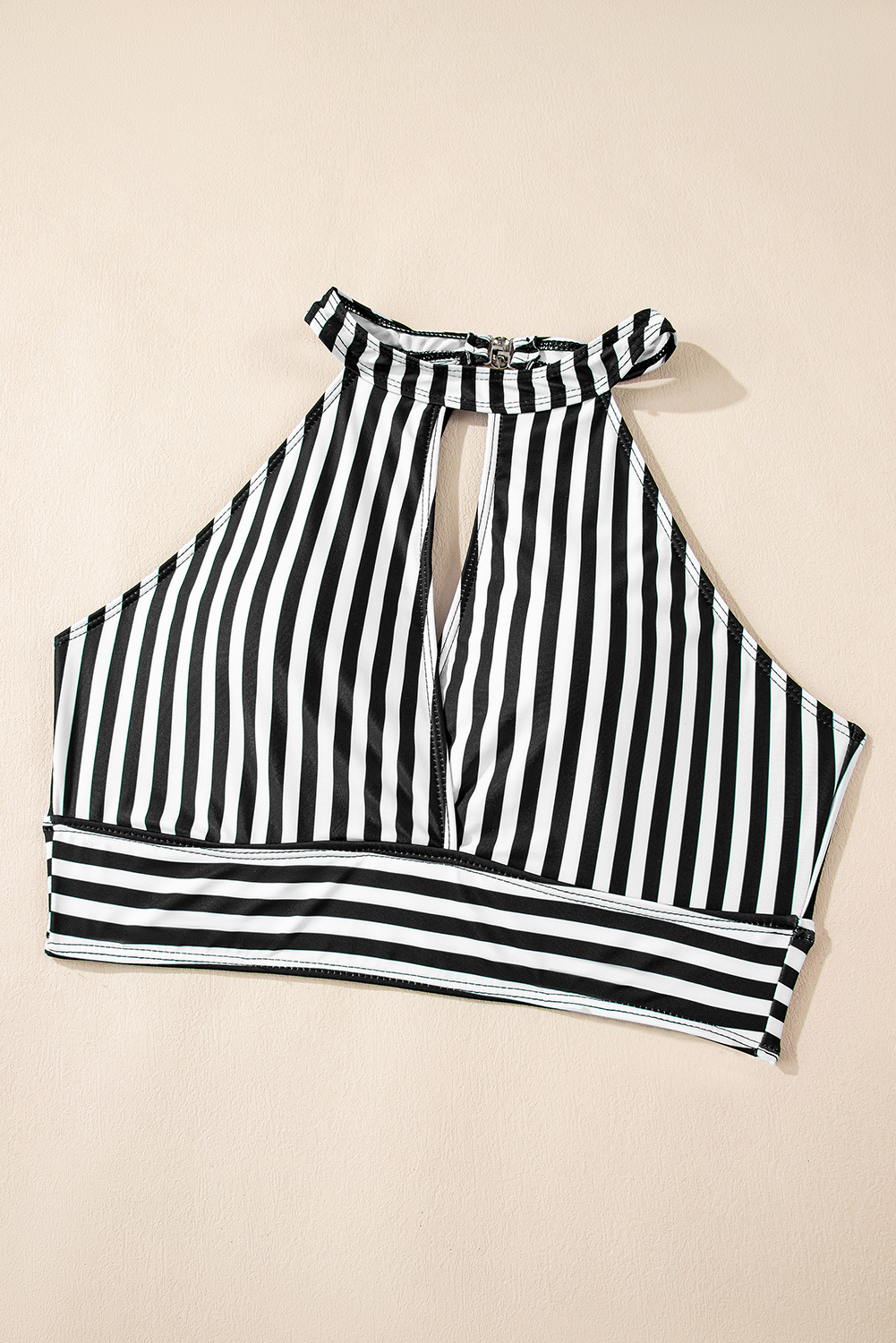 Black Striped Halter Top Drawstring Ruched High Waisted Bikini - loveforevers