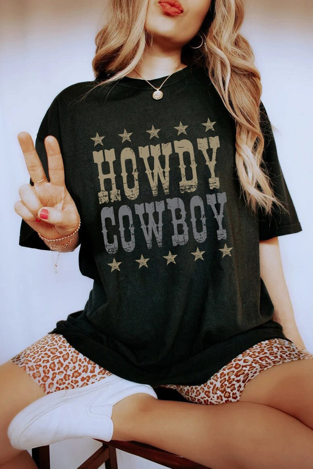 Black HOWDY COWBOY Star Print Crew Neck Loose T Shirt - loveforevers