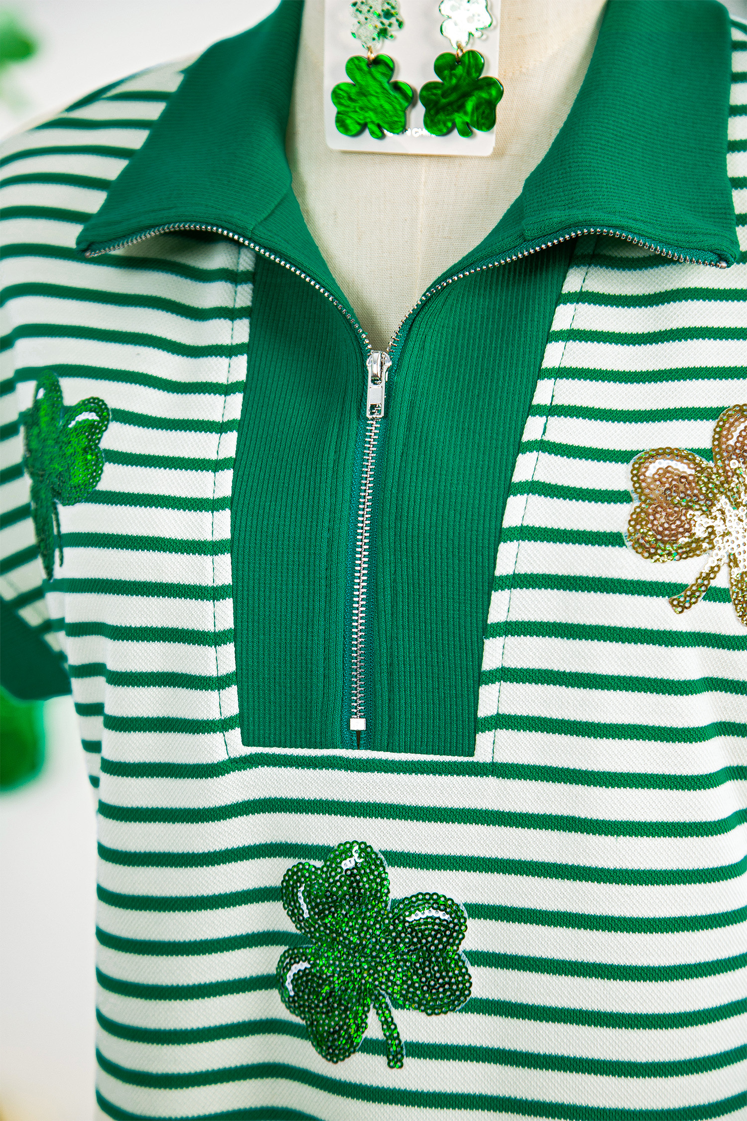 Green Stripe Magic St Patricks Day Sequin Graphic Zip Polo Tee Dress - loveforevers