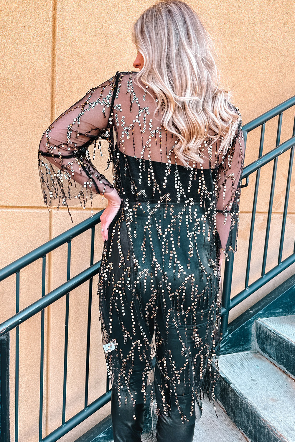 Black Sequin Sheer Long Sleeve Open Front Kimono - loveforevers