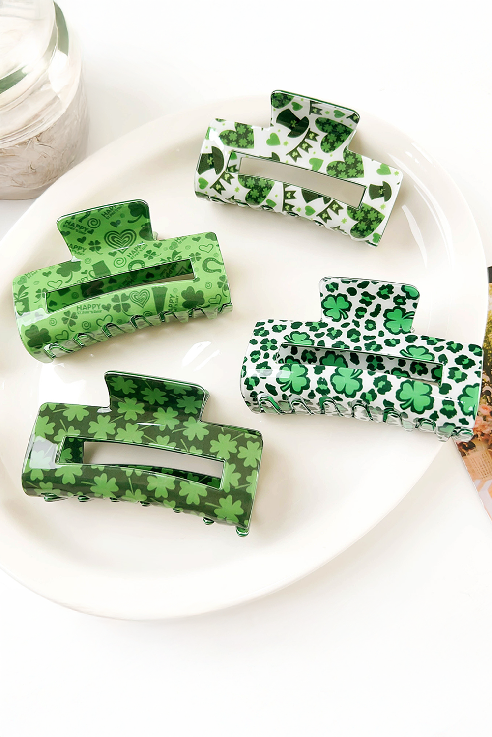 Grass Green St Patricks Clover Print Hollow Out Square Hair Clip - loveforevers
