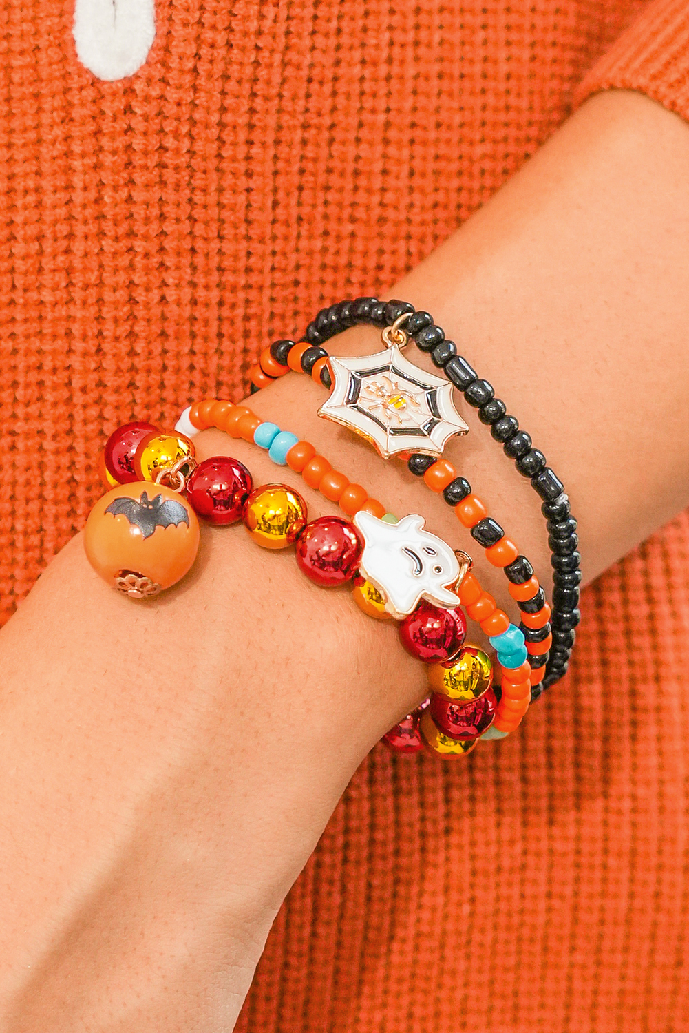 Orange 4pcs Halloween Ghost Spider Web Beaded Bracelet Set - loveforevers