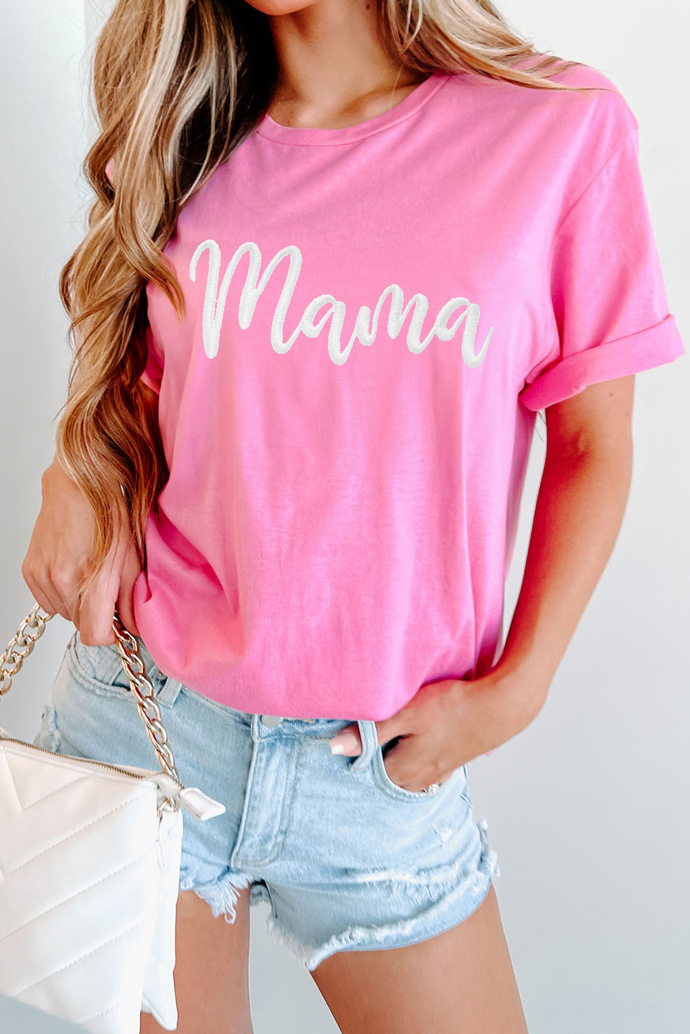Sachet Pink mama Embroidered Graphic Crewneck Mothers Day T Shirt - loveforevers