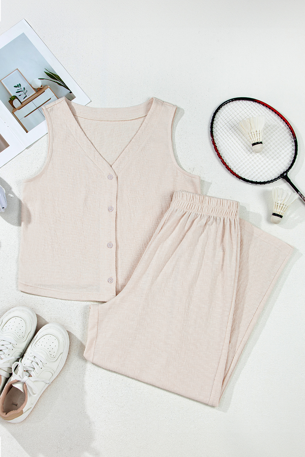 Apricot Buttoned V Neck Tank Top and Wide Leg Pants Casual Outfit - loveforevers