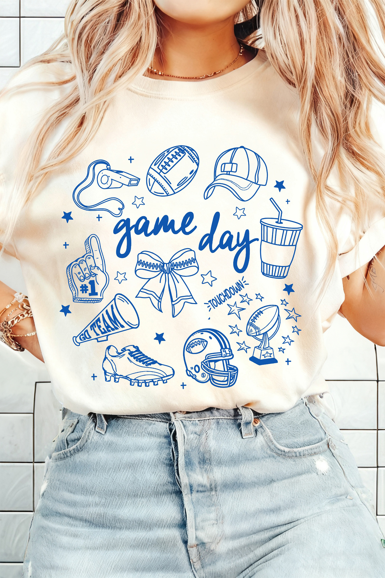 White Game Day Doodle Printed T Shirt - loveforevers