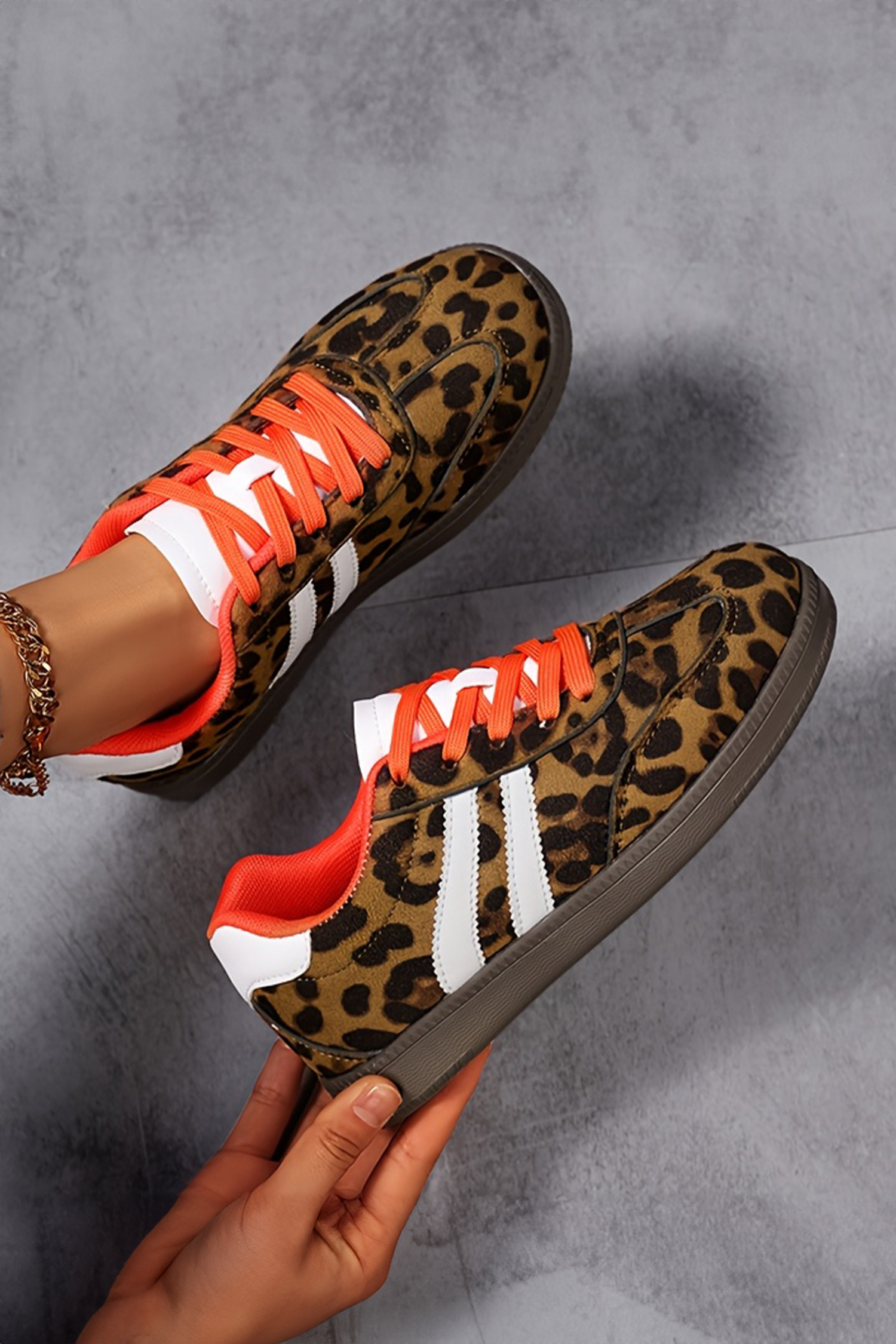 Coffee Leopard Faux Suede Color Block Detail Lace Up Sneakers - loveforevers