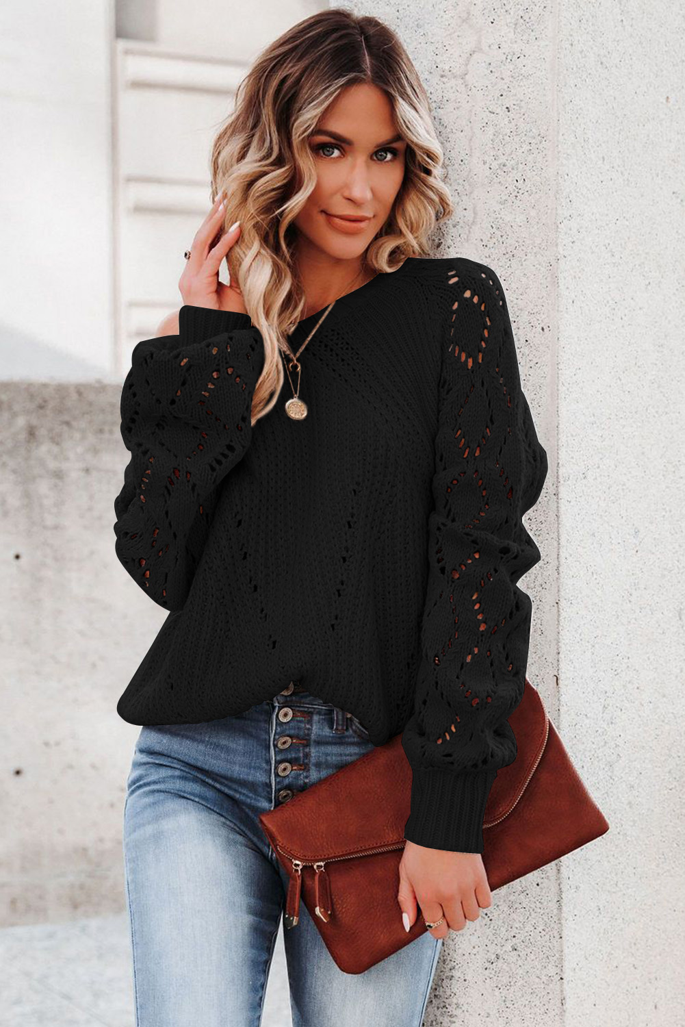 Black Hollow-out Puffy Sleeve Knit Sweater - loveforevers