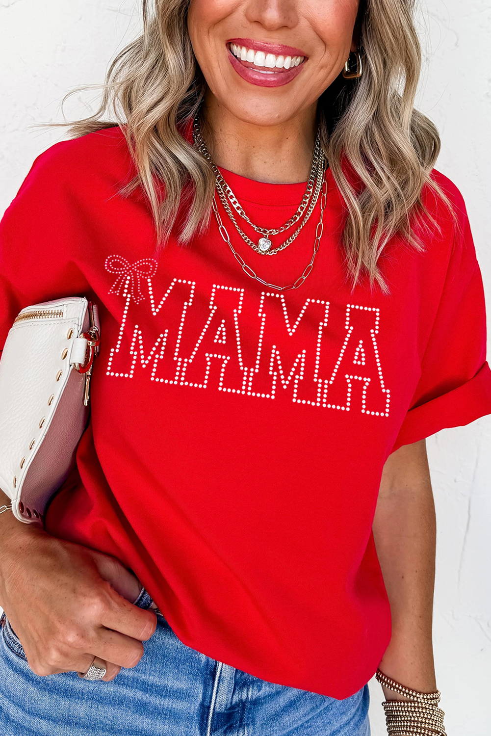Red Rhinestone MAMA Bow Knot Pattern Crew Neck Loose Tee - loveforevers