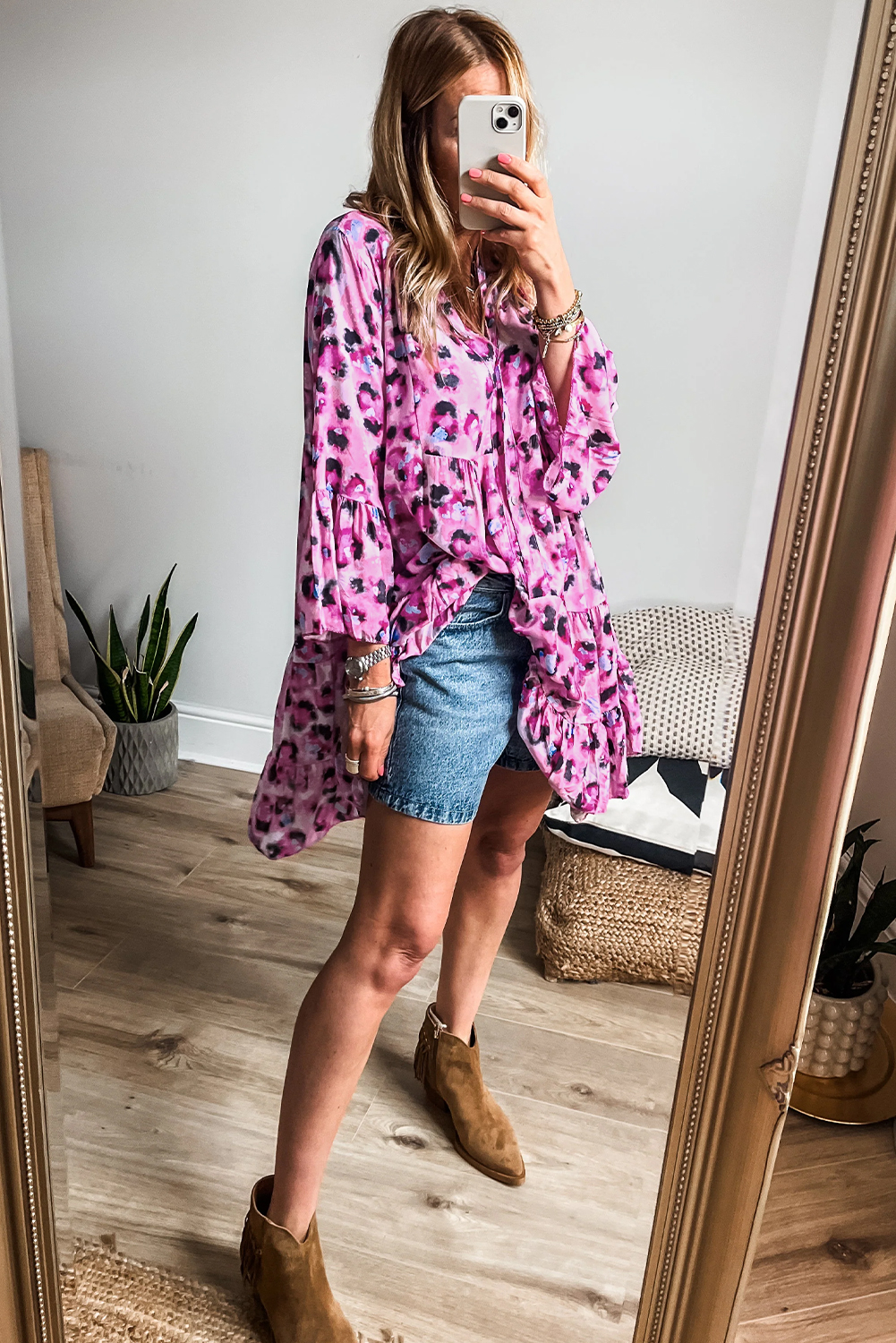 Khaki Leopard Print Buttoned Front 3/4 Sleeve Tiered Ruffled Hem Dress - loveforevers