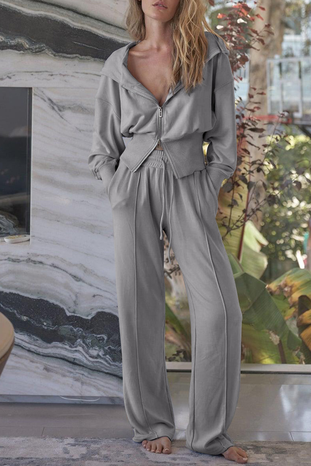 Gray Double Zipper Hooded Jacket and Sweatpants Active Set - loveforevers