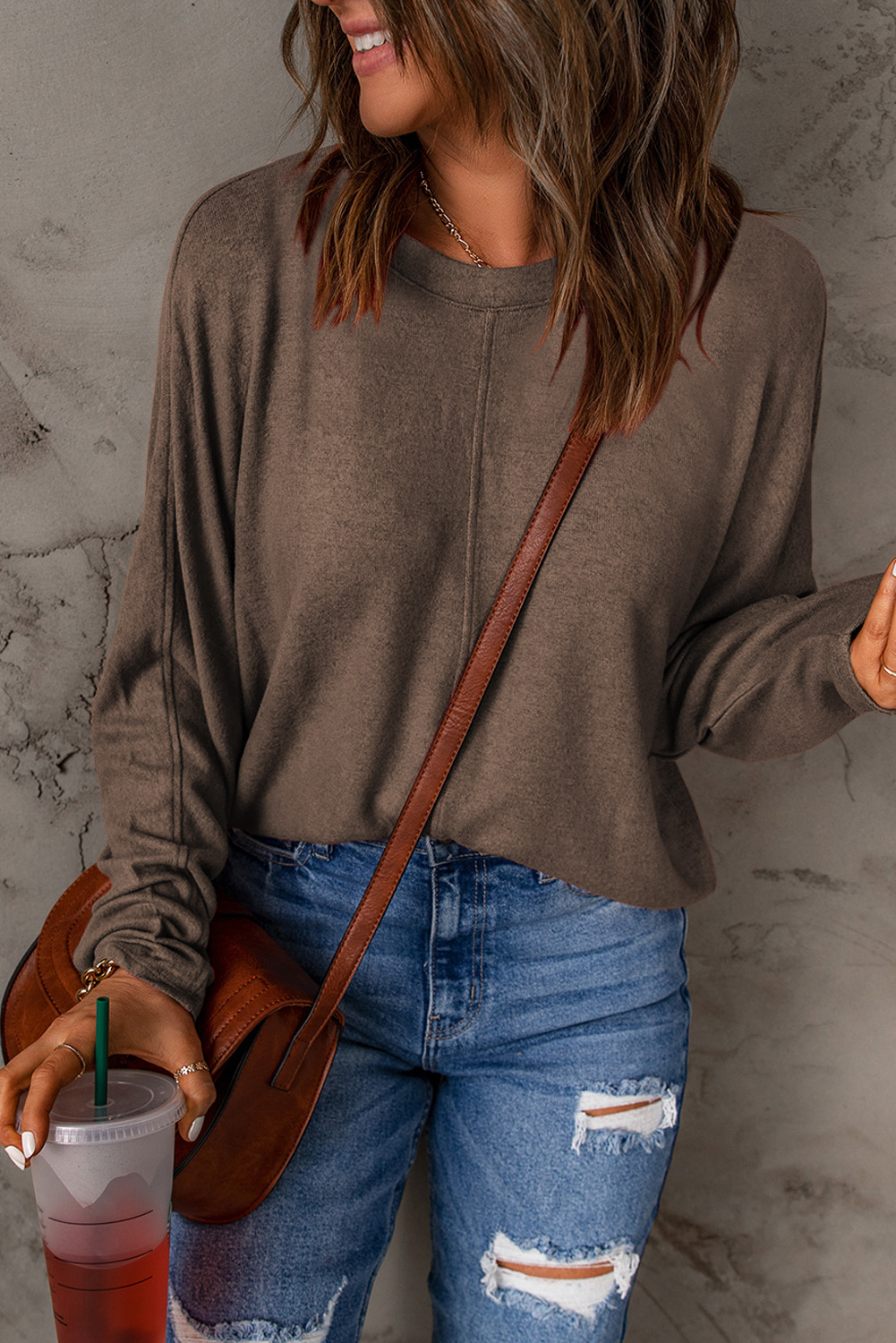Brown Fiery Solid Color Patchwork Long Sleeve Top - loveforevers
