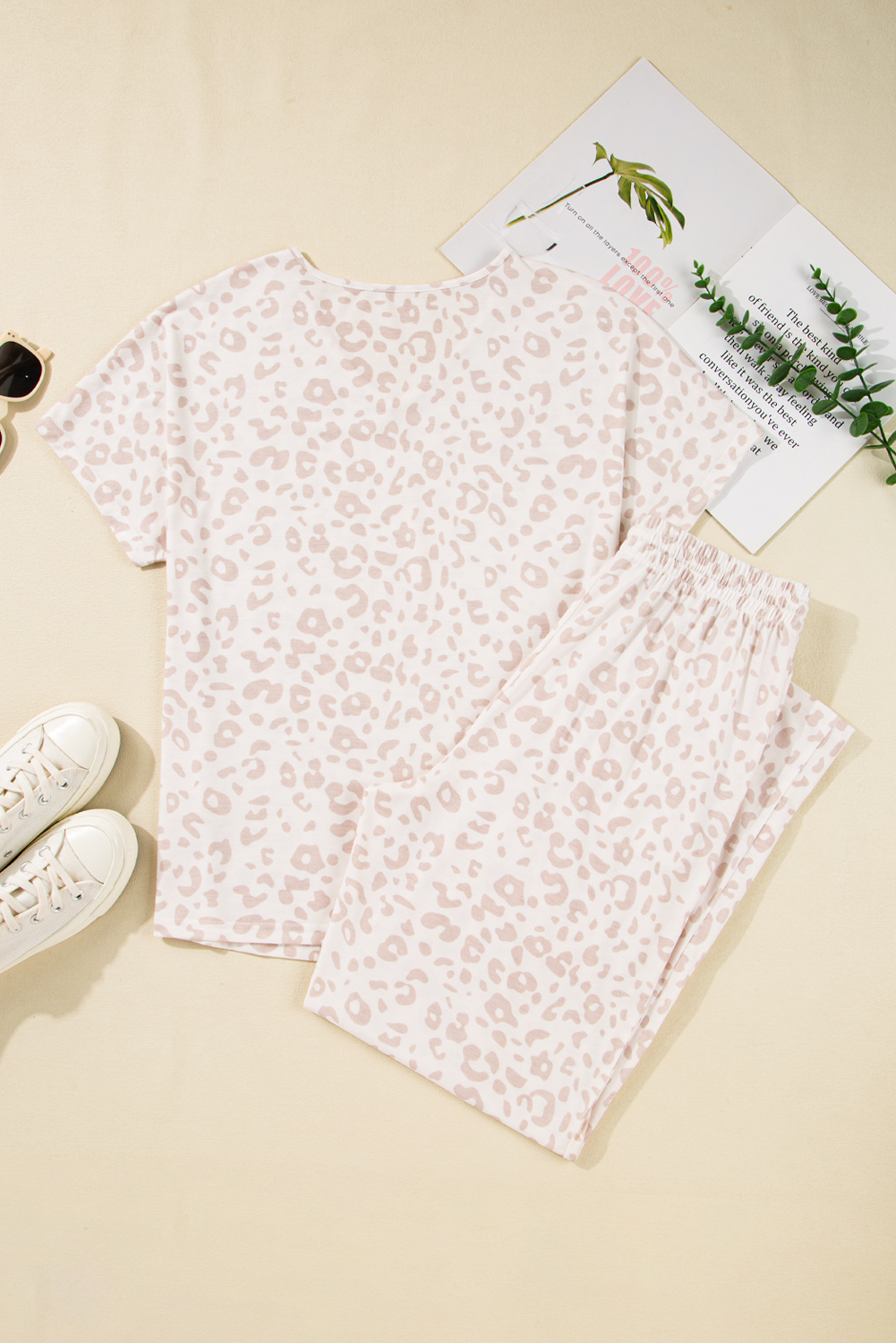 Beige Cheetah V Neck Tee and Pants Lounge Set - loveforevers