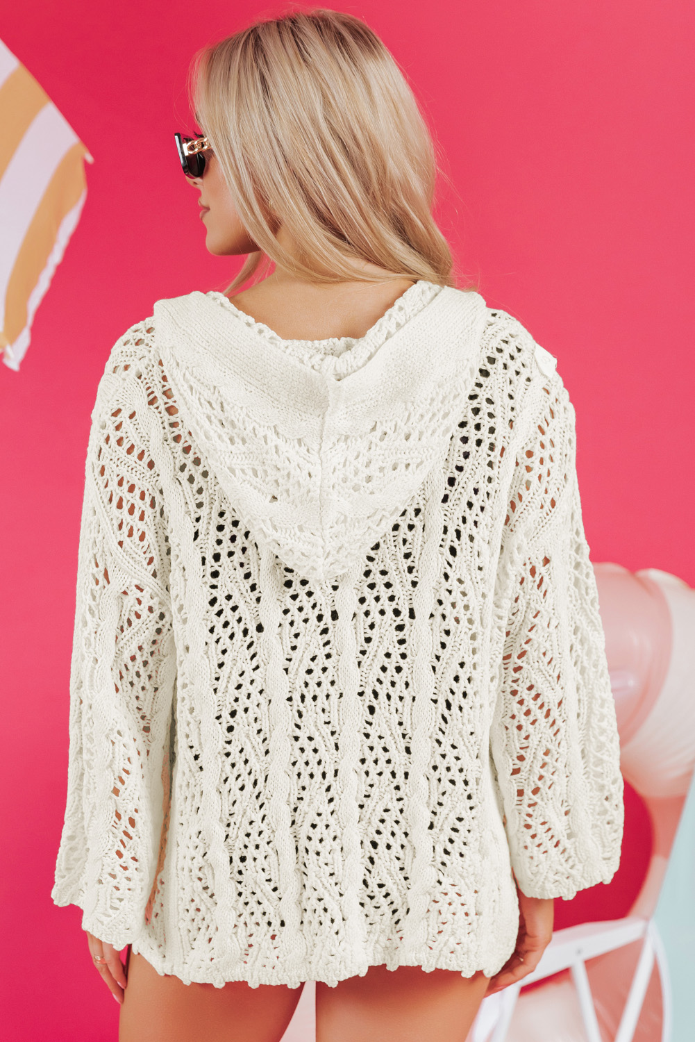 White Fashion Open Knit Hooded Beach Cover Up - loveforevers