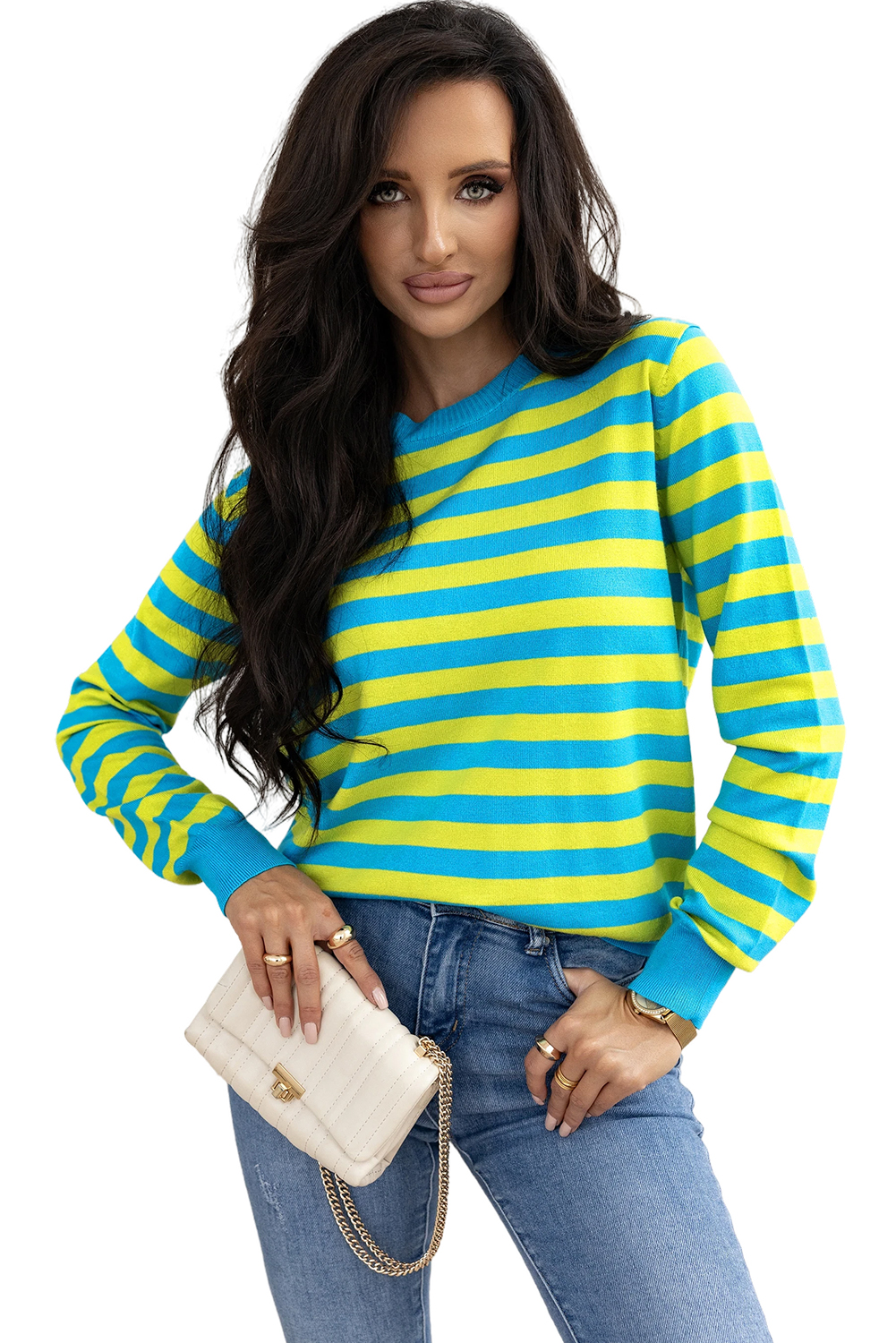 Green Stripe Crew Neck Drop Shoulder Casual Sweater - loveforevers