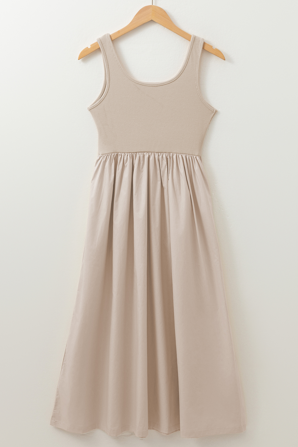 Beige Scoop Neck Ribbed Bodice Pleated Sleeveless Long Dress - loveforevers