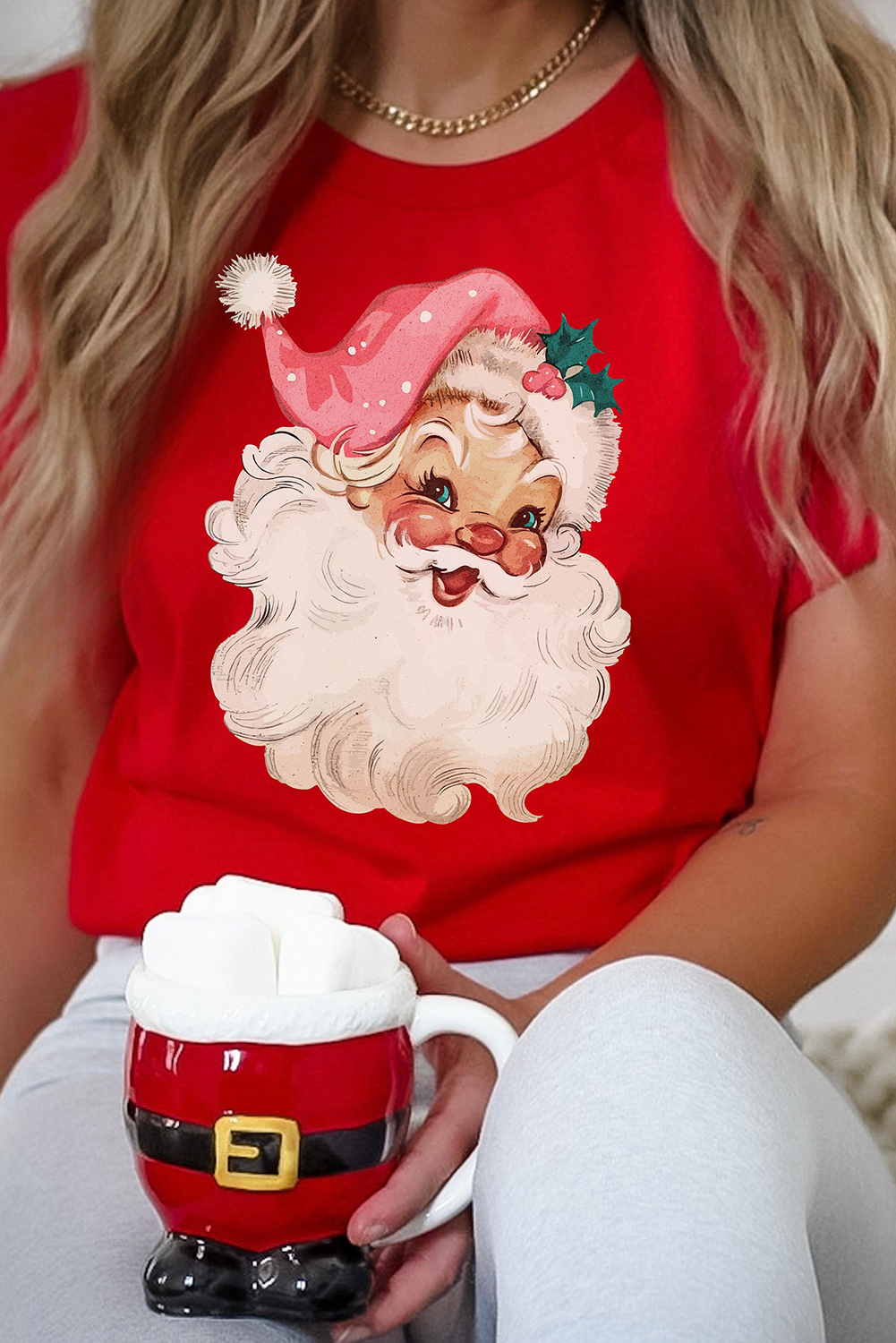 Red Christmas Santa Claus Print Crew Neck T Shirt - loveforevers