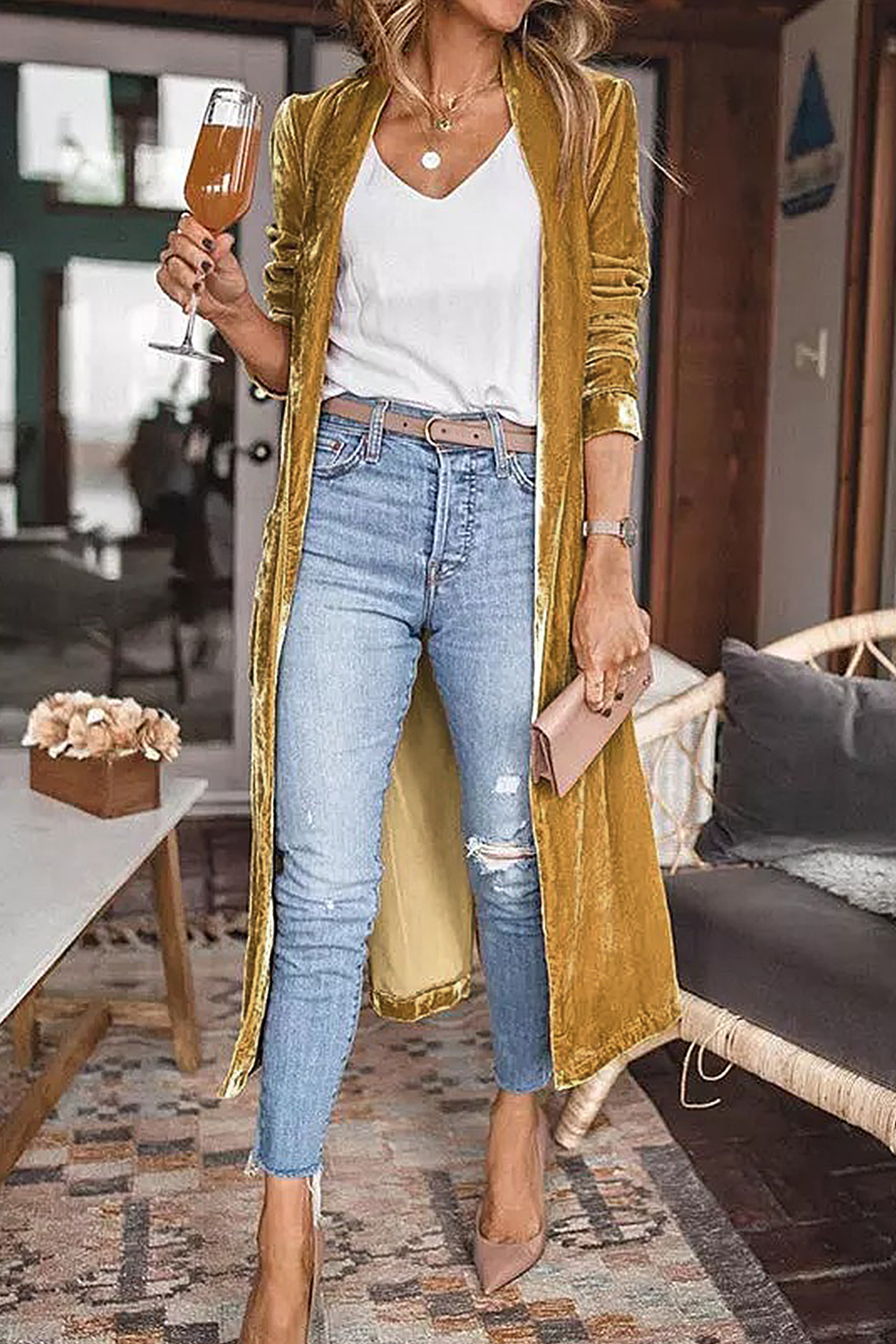 Yellow Velvet Open Front Pocketed Long Duster - loveforevers