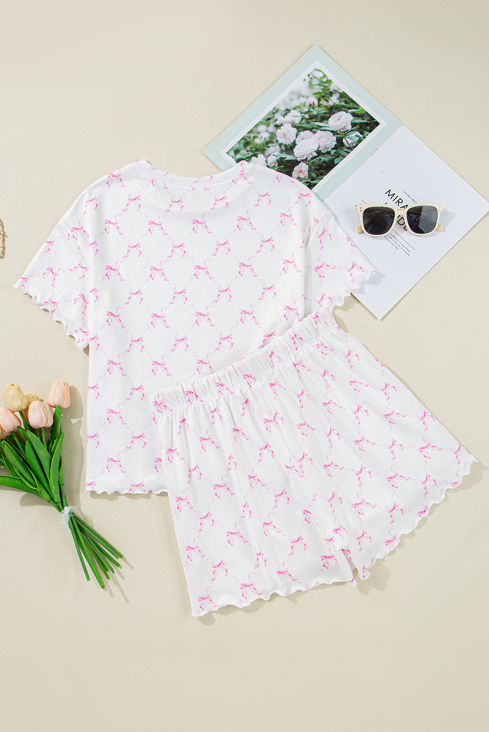 Pink Bow Knot Geometric Print Lettuce Trim Two Piece Lounge Set - loveforevers