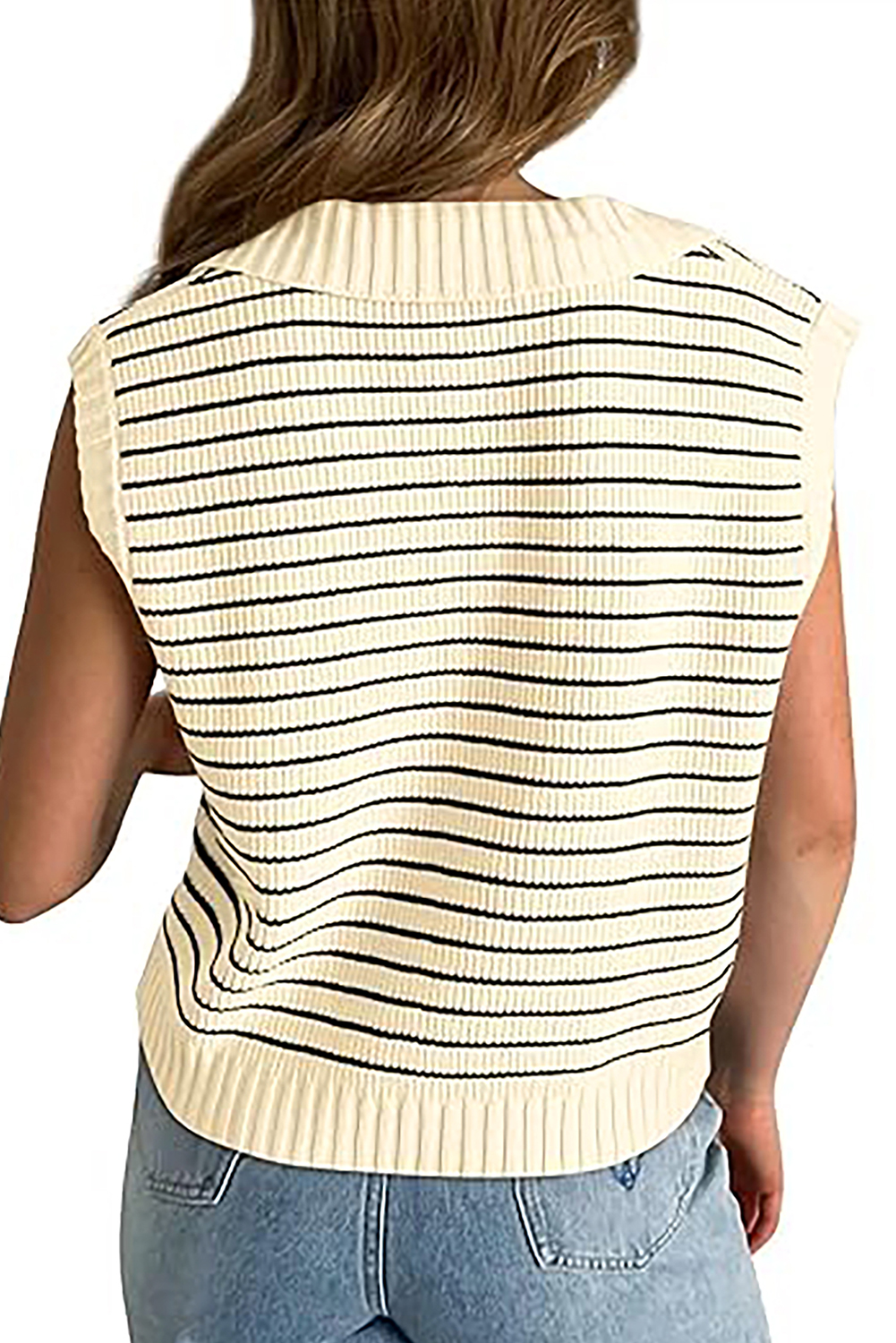 Beige Stripe Turn-down V Neck Sweater Tank Top - loveforevers