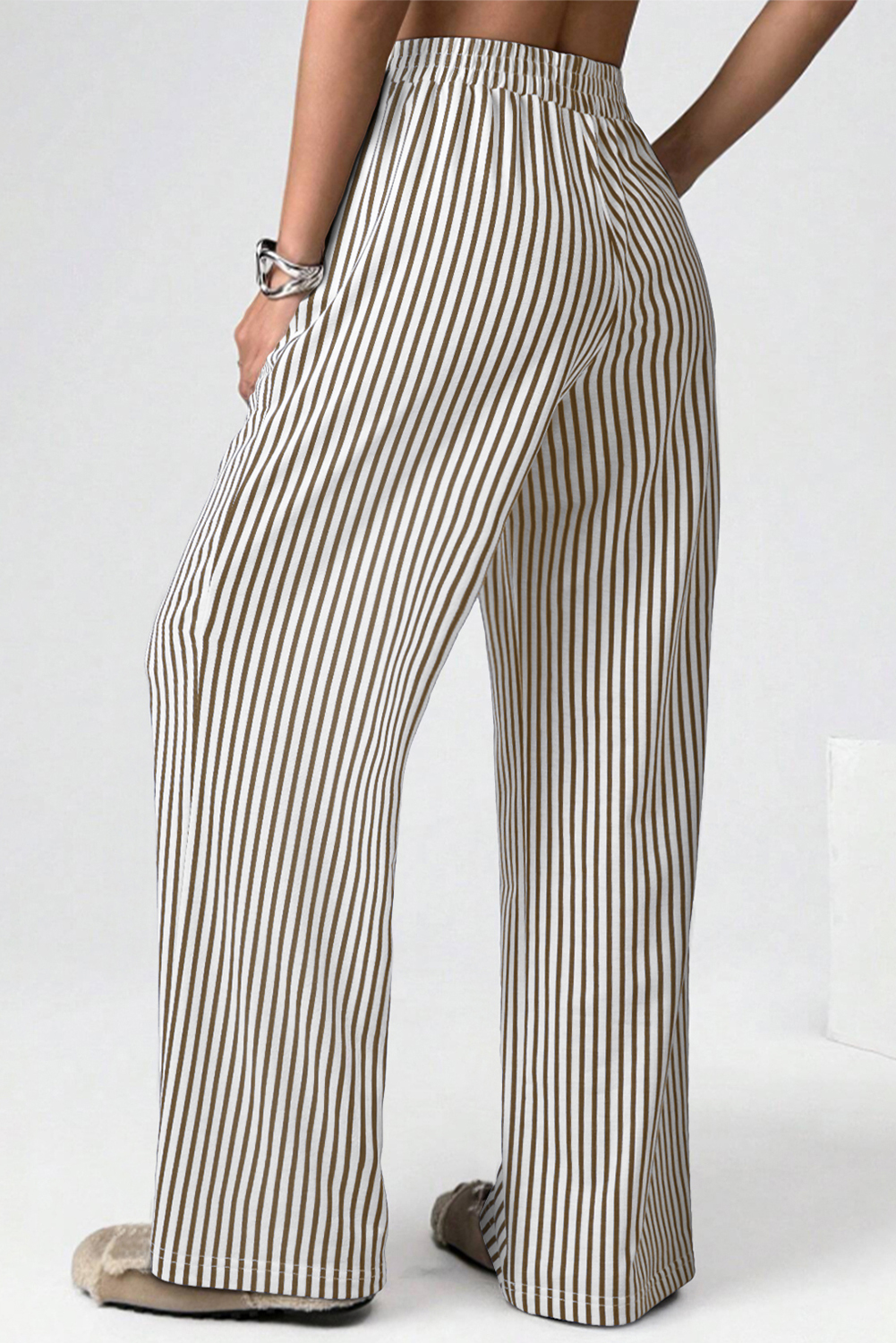 Brown Stripe Elastic High Waist Pocketed Loose Pants - loveforevers
