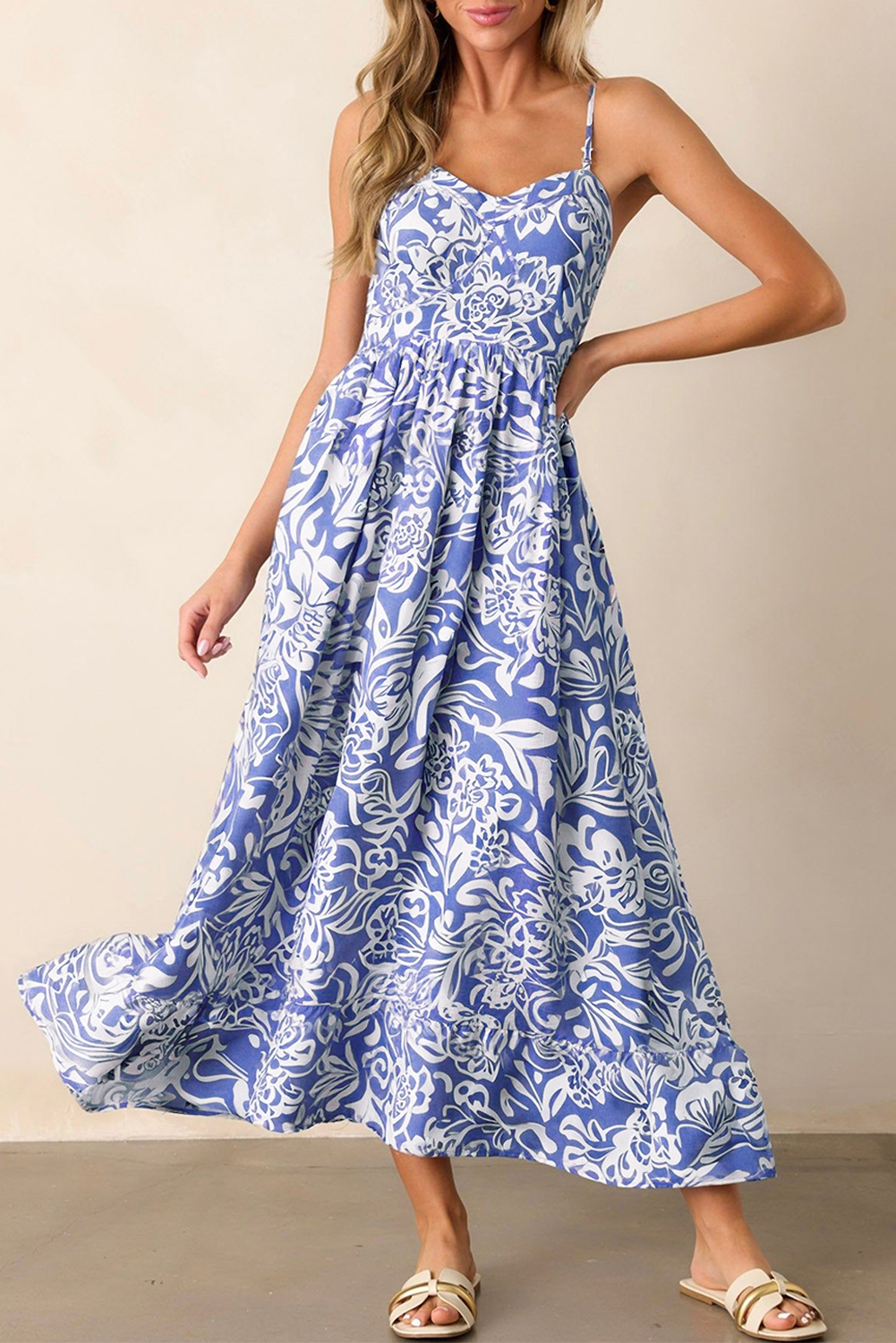 Sky Blue Floral Print Spaghetti Strap High Waist Maxi Dress - loveforevers