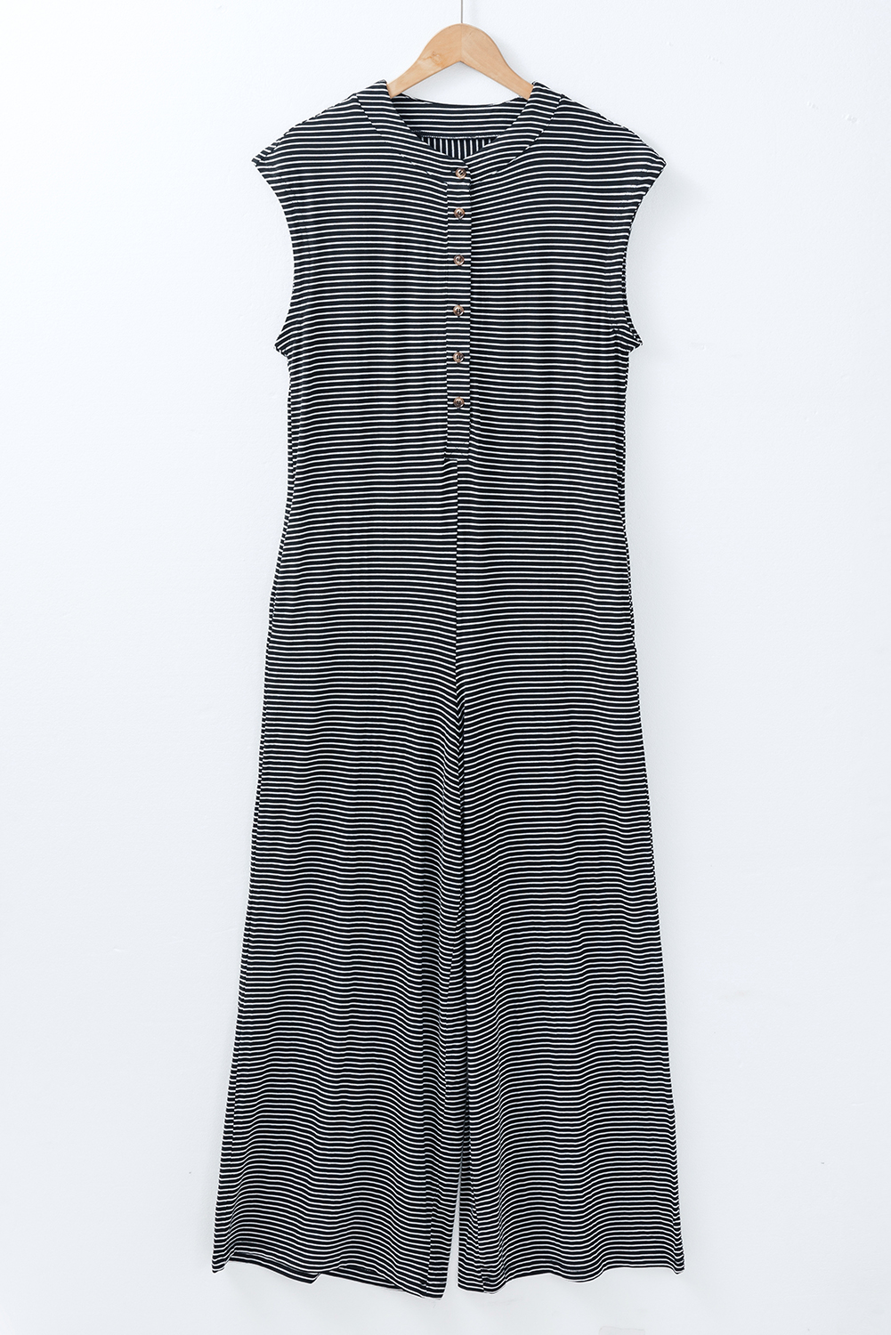 Black white Striped Print Buttoned Wide Leg Sleeveless Jumpsuit - loveforevers