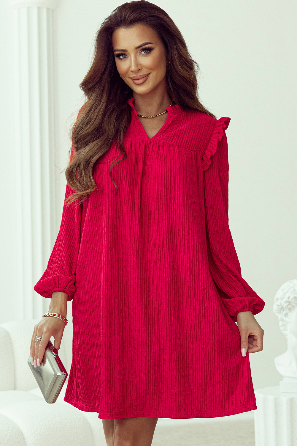 Fiery Red Textured Ruffled Trim V Neck Loose Fit Mini Dress - loveforevers