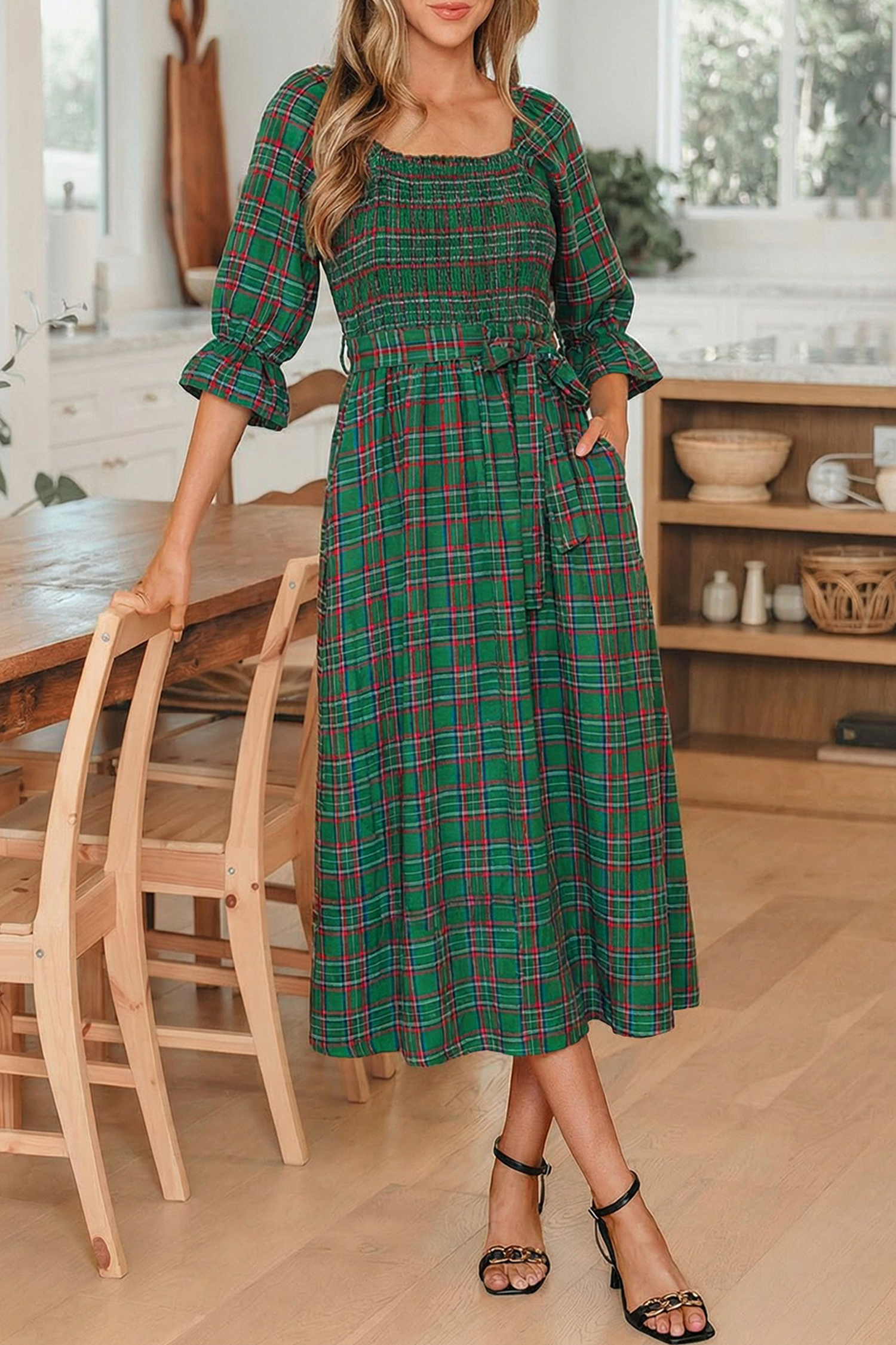 Red Tartan Plaid Square Neck Puff Sleeve Knot Waist Flared Midi Dress - loveforevers