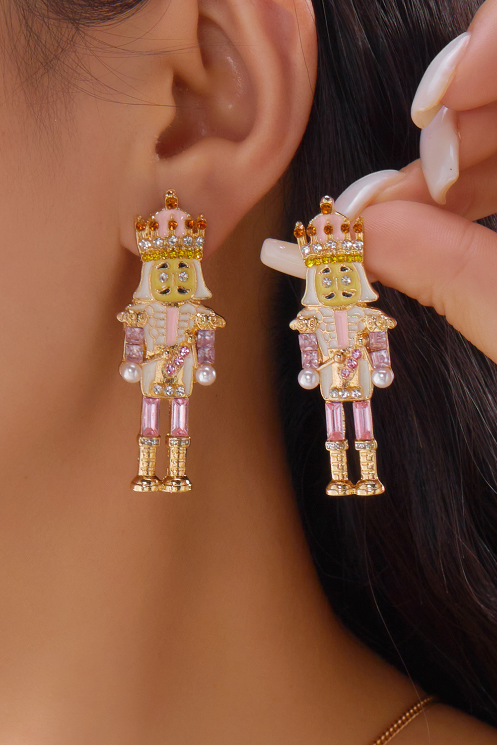 Pink Christmas Nutcracker Doll Alloy Gem Holiday Earrings - loveforevers