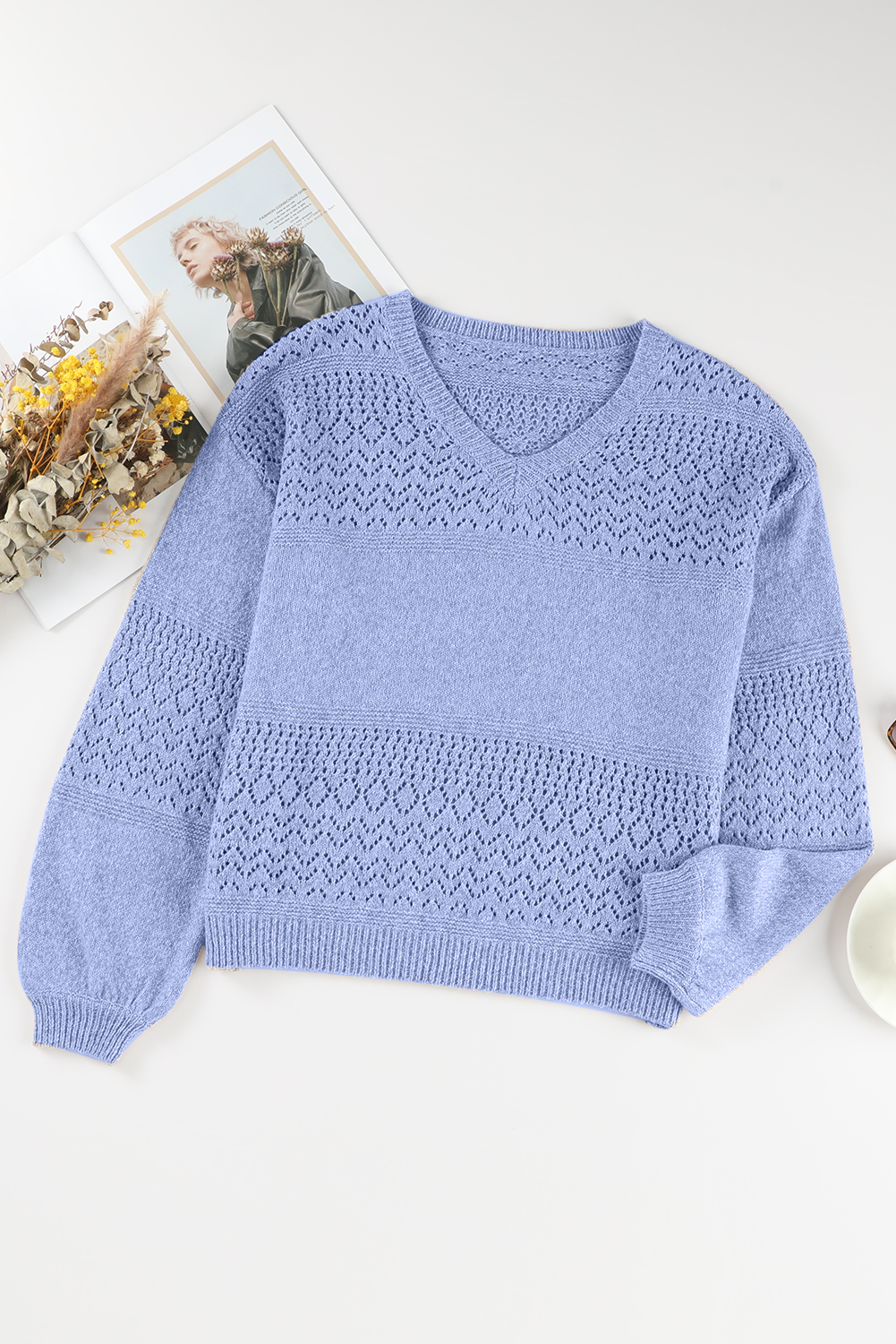 Sky Blue Eyelet Pattern Detail V Neck Drop Shoulder Sweater - loveforevers