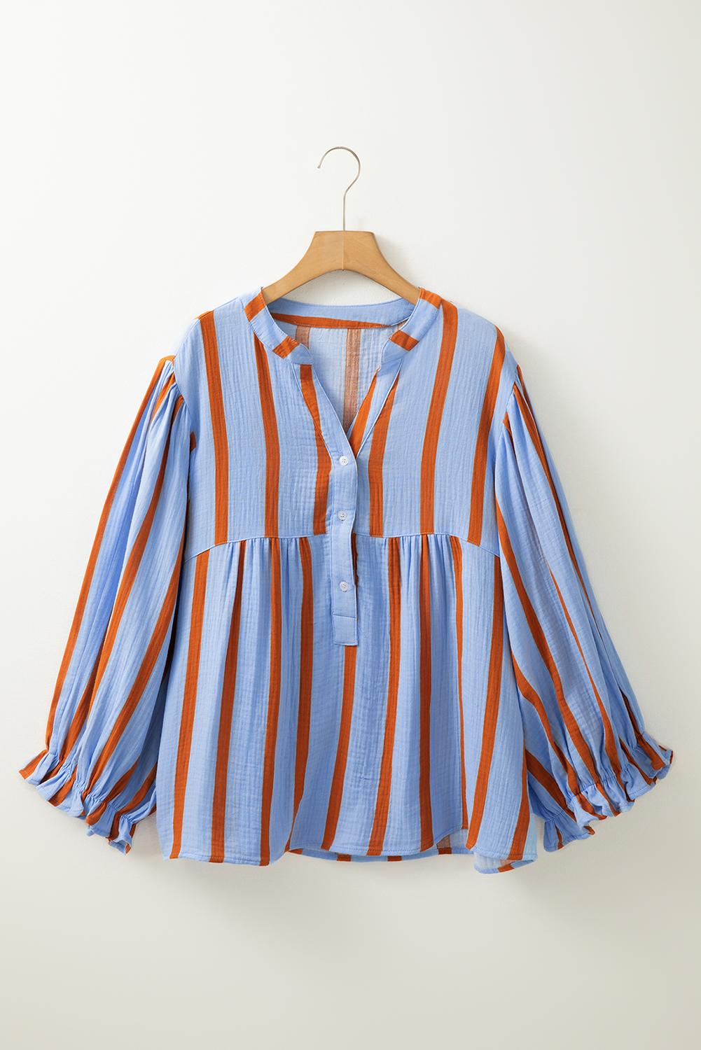 Sky Blue Stripe Crinckled Ruffled Sleeve Button up Loose Shirt - loveforevers