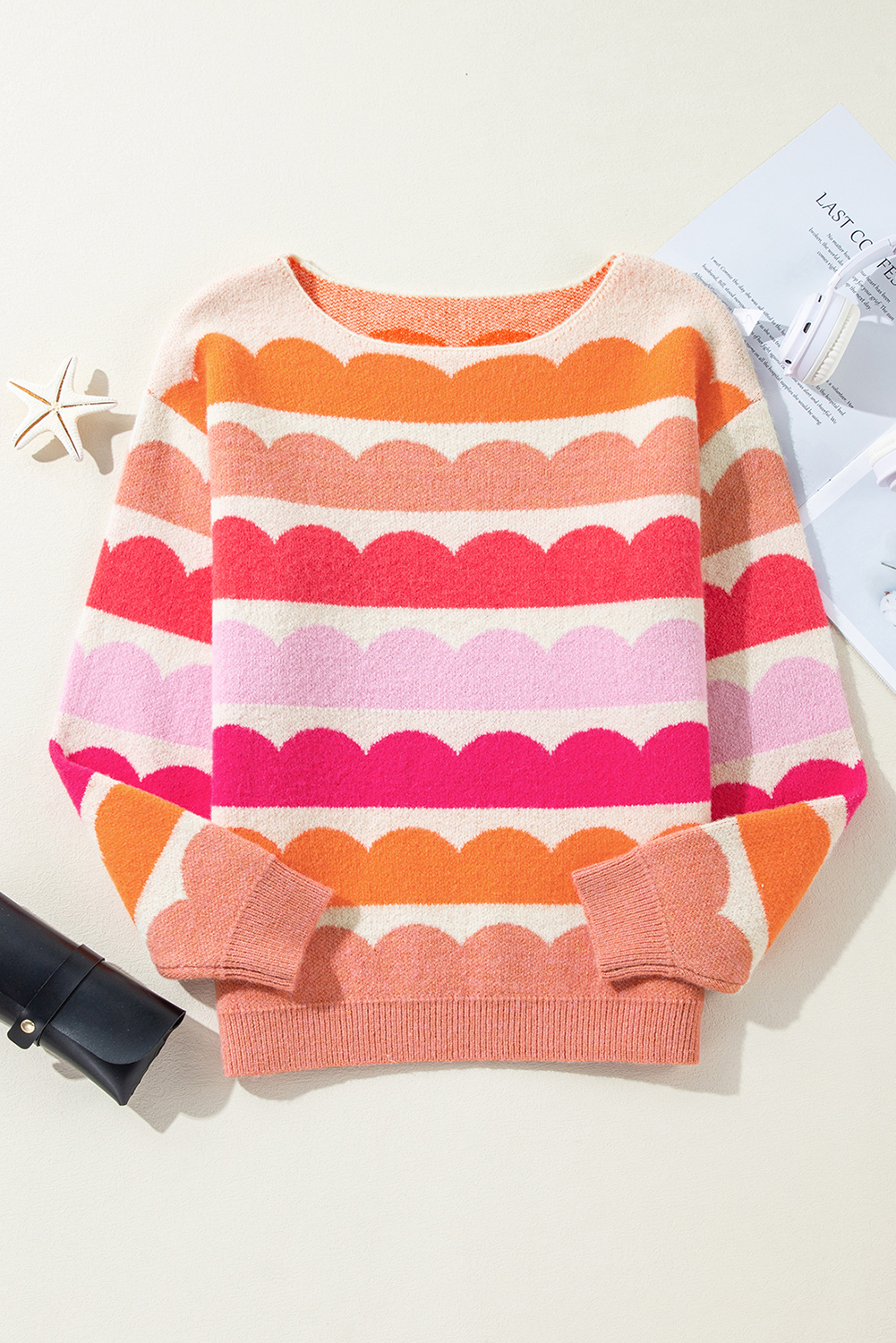 Rose Red Wave Striped Balloon Sleeve Drop Shoulder Sweater - loveforevers