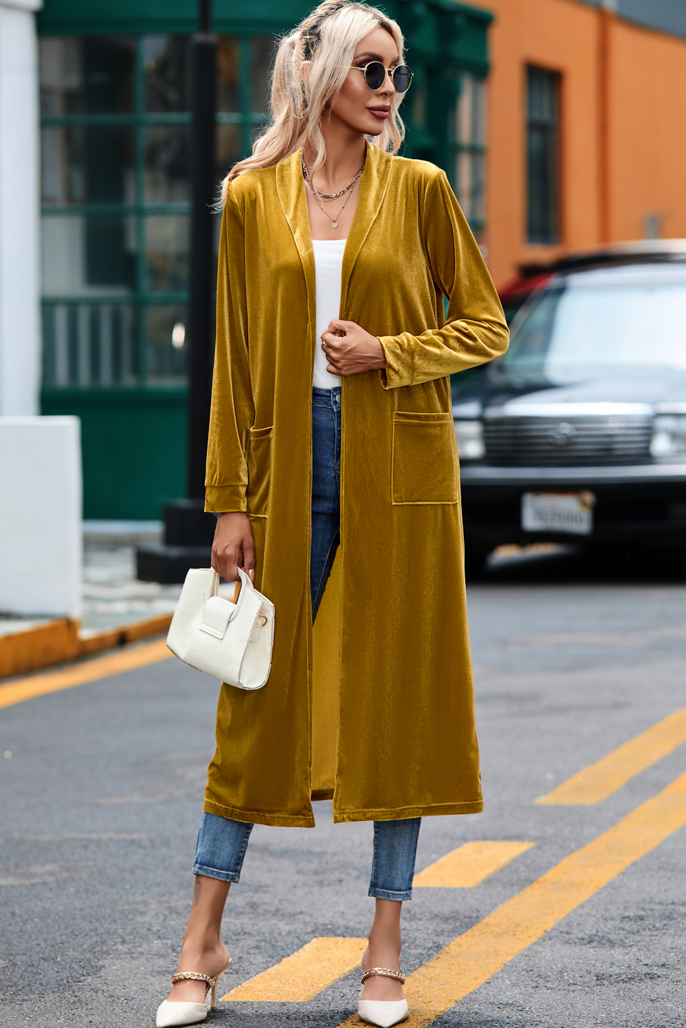 Yellow Velvet Open Front Pocketed Long Duster - loveforevers