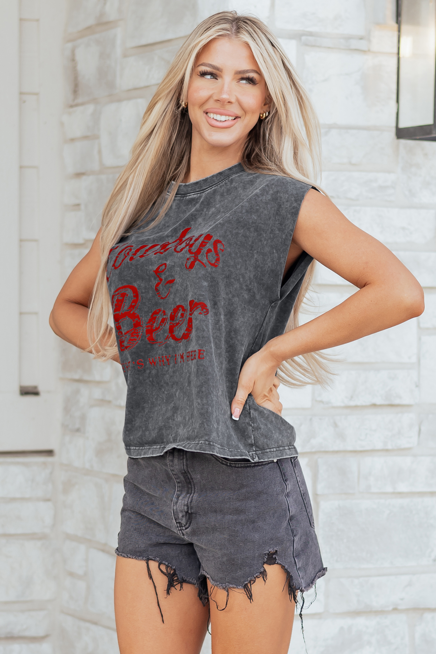 Smoke Gray Cowboy & Beer Western Graphic Mineral Wash Tank Top - loveforevers