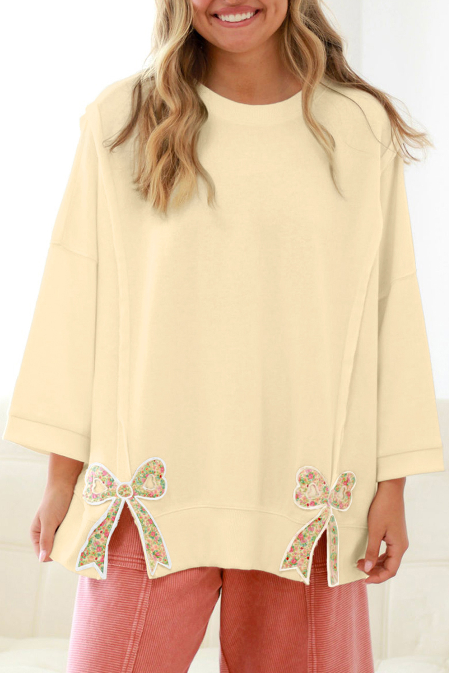 Beige Plus Size Raw Seam Detail Floral Bow Patched Baggy Pullover - loveforevers
