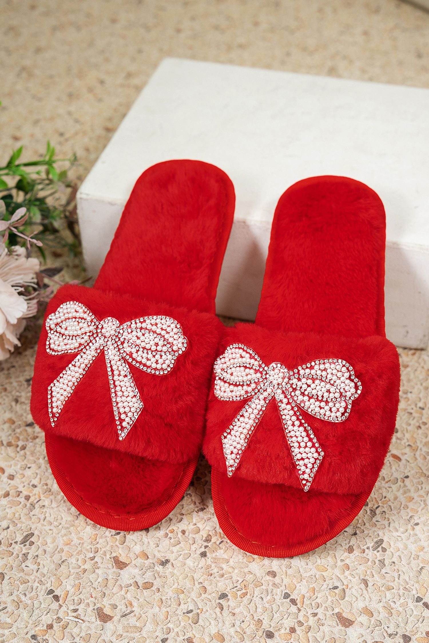Fiery Red Pearl Rhinestone Embellished Bow Open Toe Plush Slippers - loveforevers