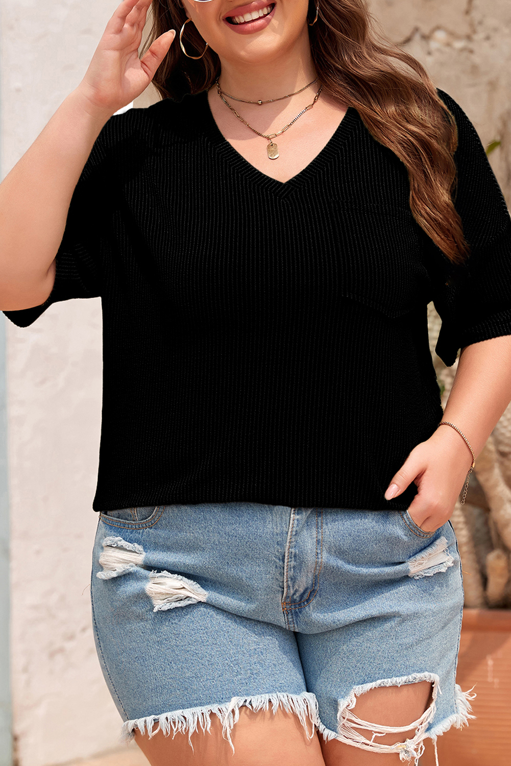 Black Textured V-Neck Dropped Shoulder Plus T-Shirt - loveforevers