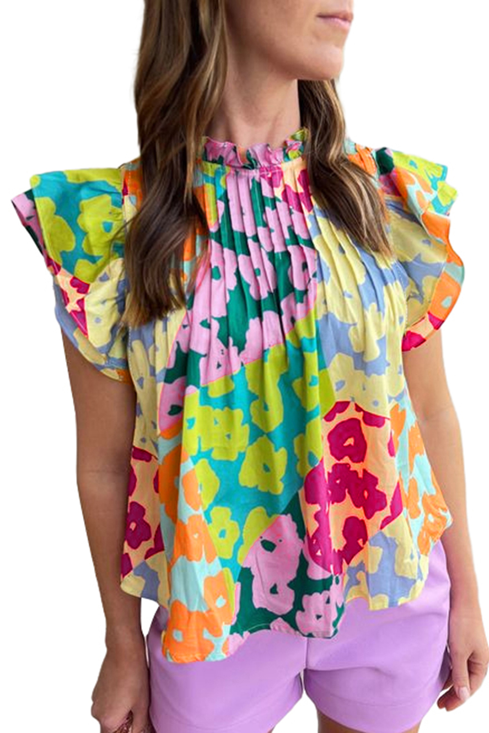 Multicolour Abstract Print Pleated Flutter Sleeve Blouse - loveforevers